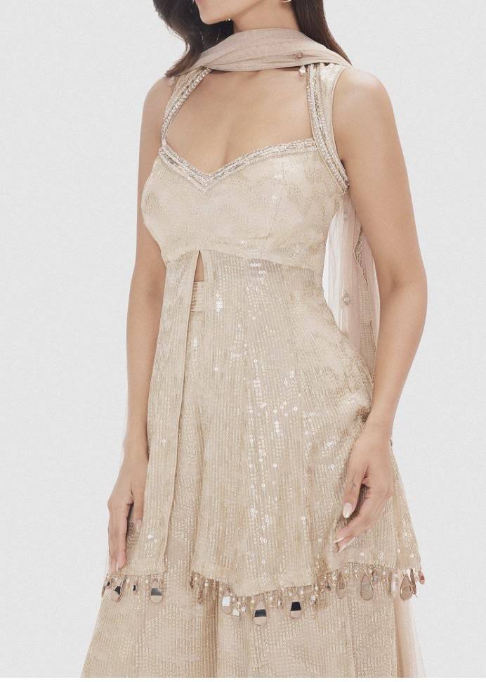 Beige Sequin Sharara Set Image - 2