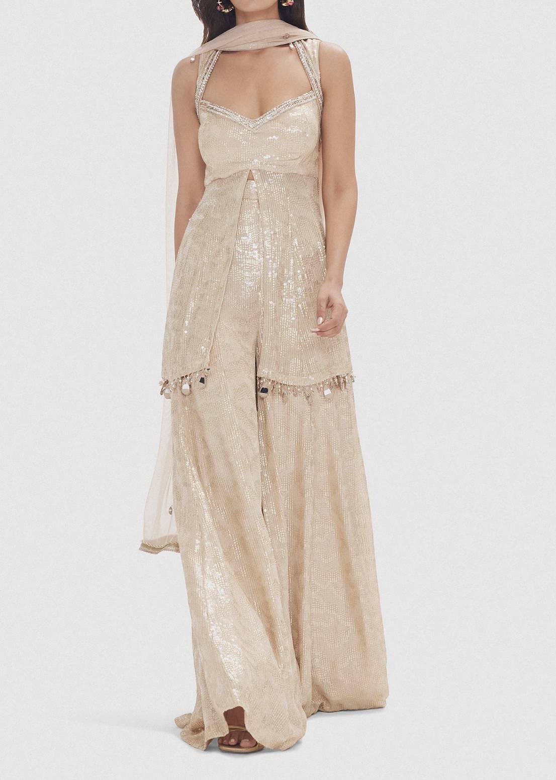 Beige Sequin Sharara Set Image - 0