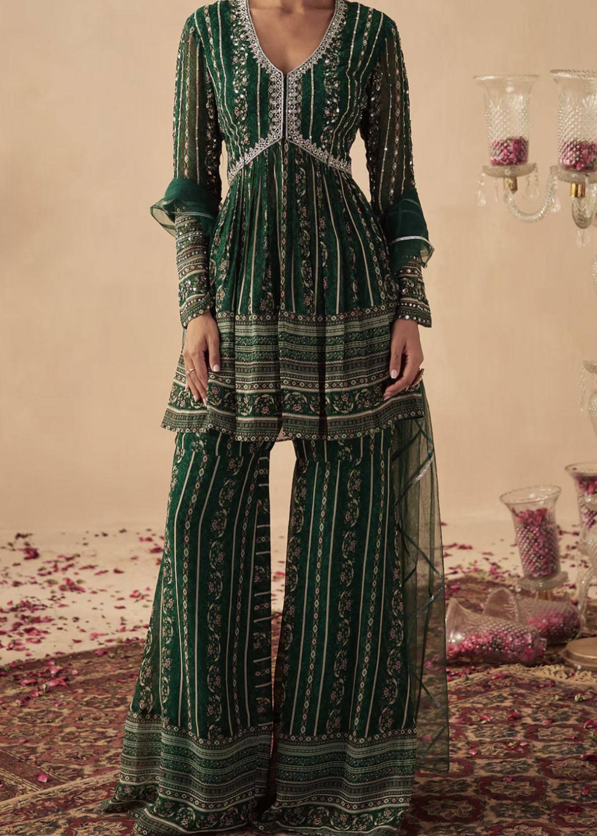 Green Printed Sharara Set Image - 0