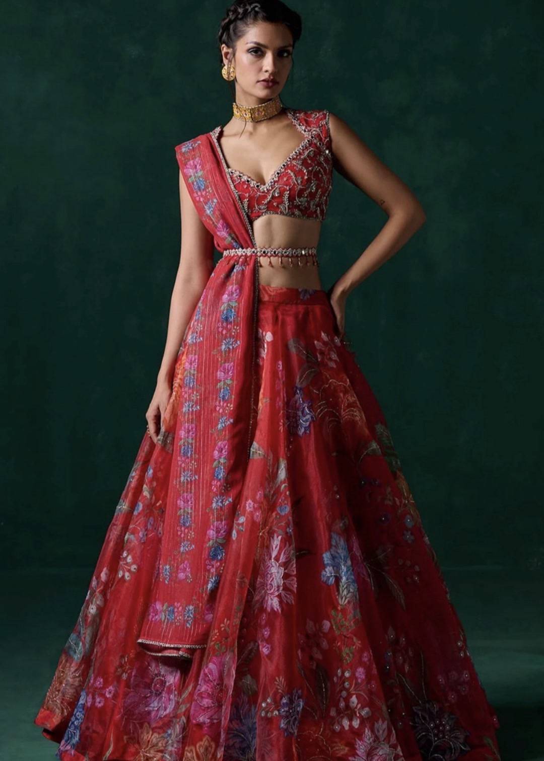 Red Floral Printed Lehenga Image - 1
