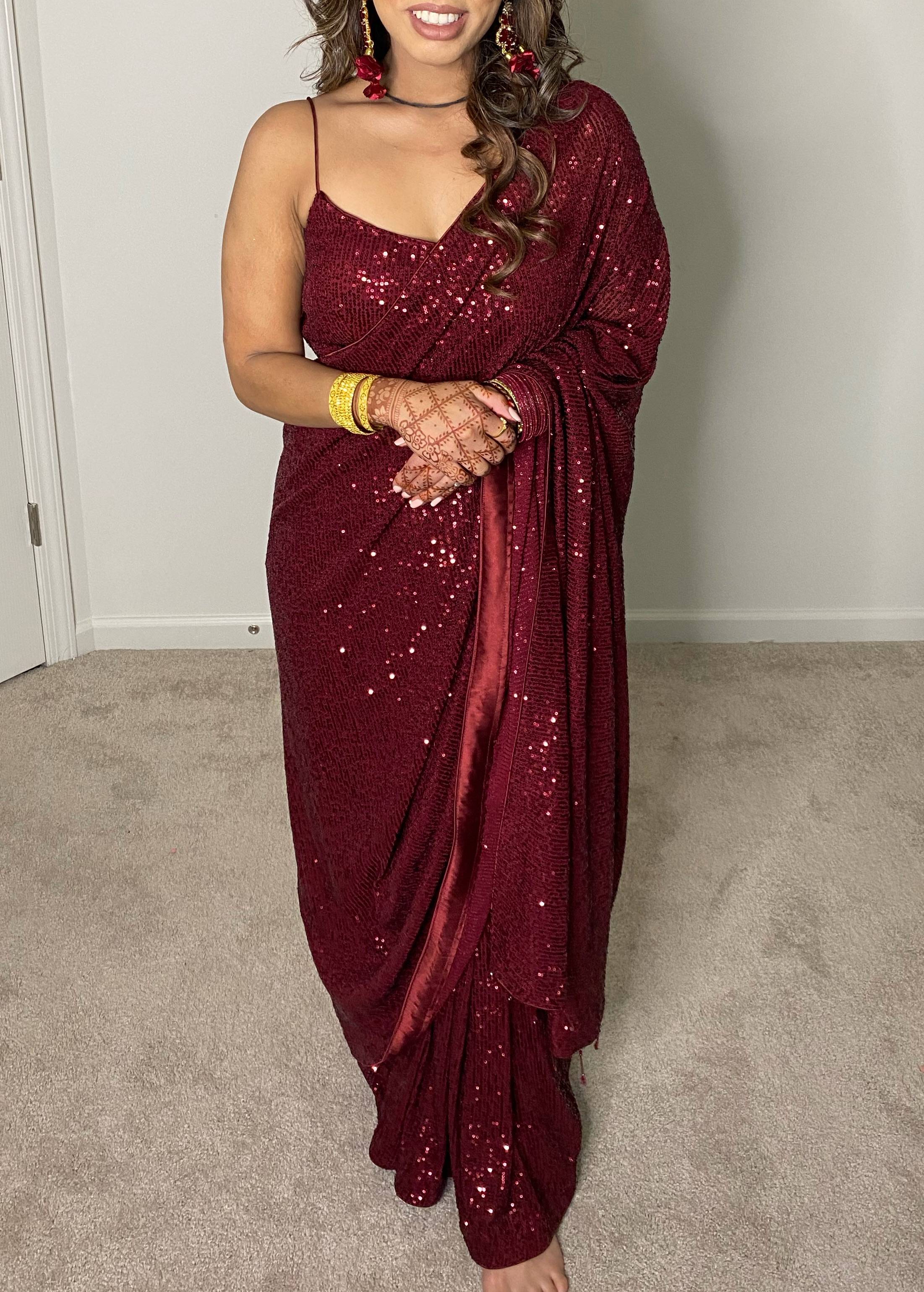 Maroon Sequin Sari Image - 0