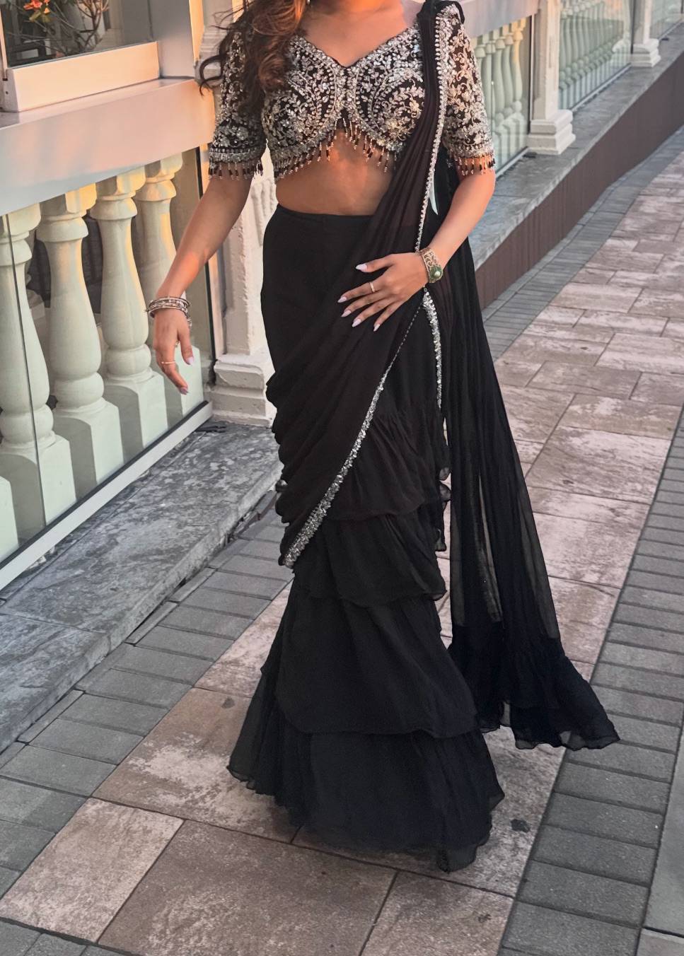 Black Ruffle Pre-Draped Sari Image - 1