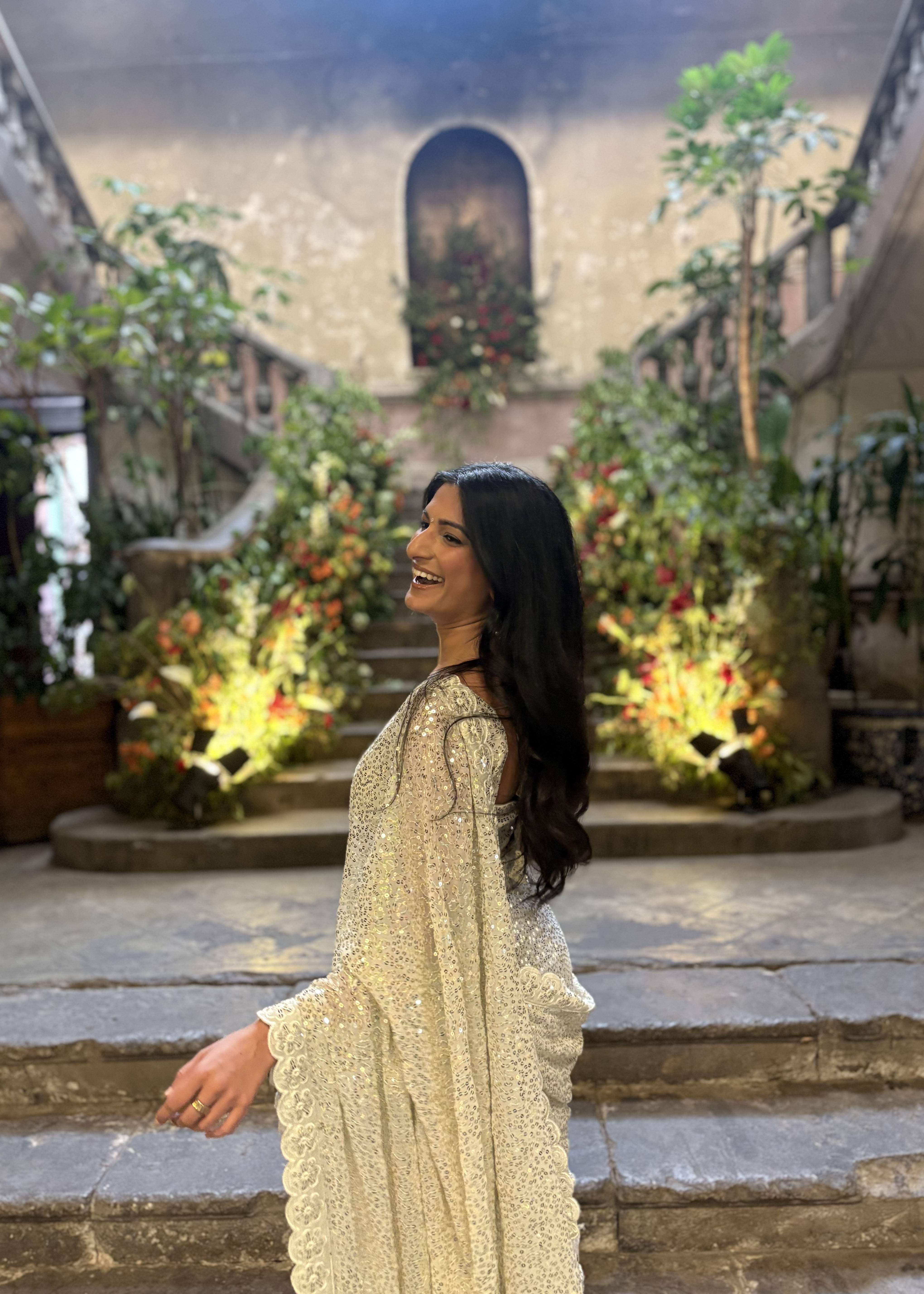 Ivory Sequin Scalloped Sari Image - 1