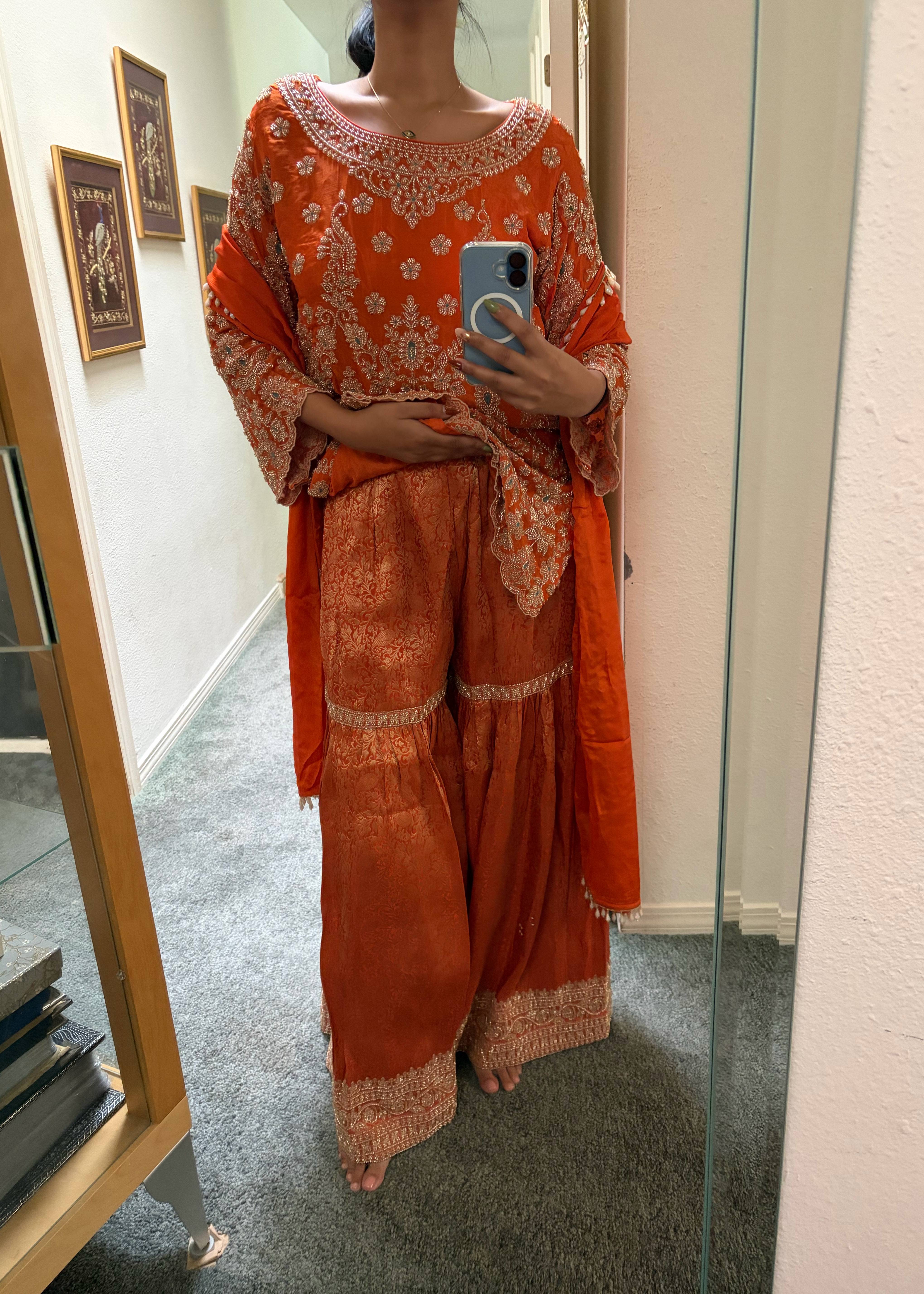 Orange Embroidered Sharara Set Image - 1