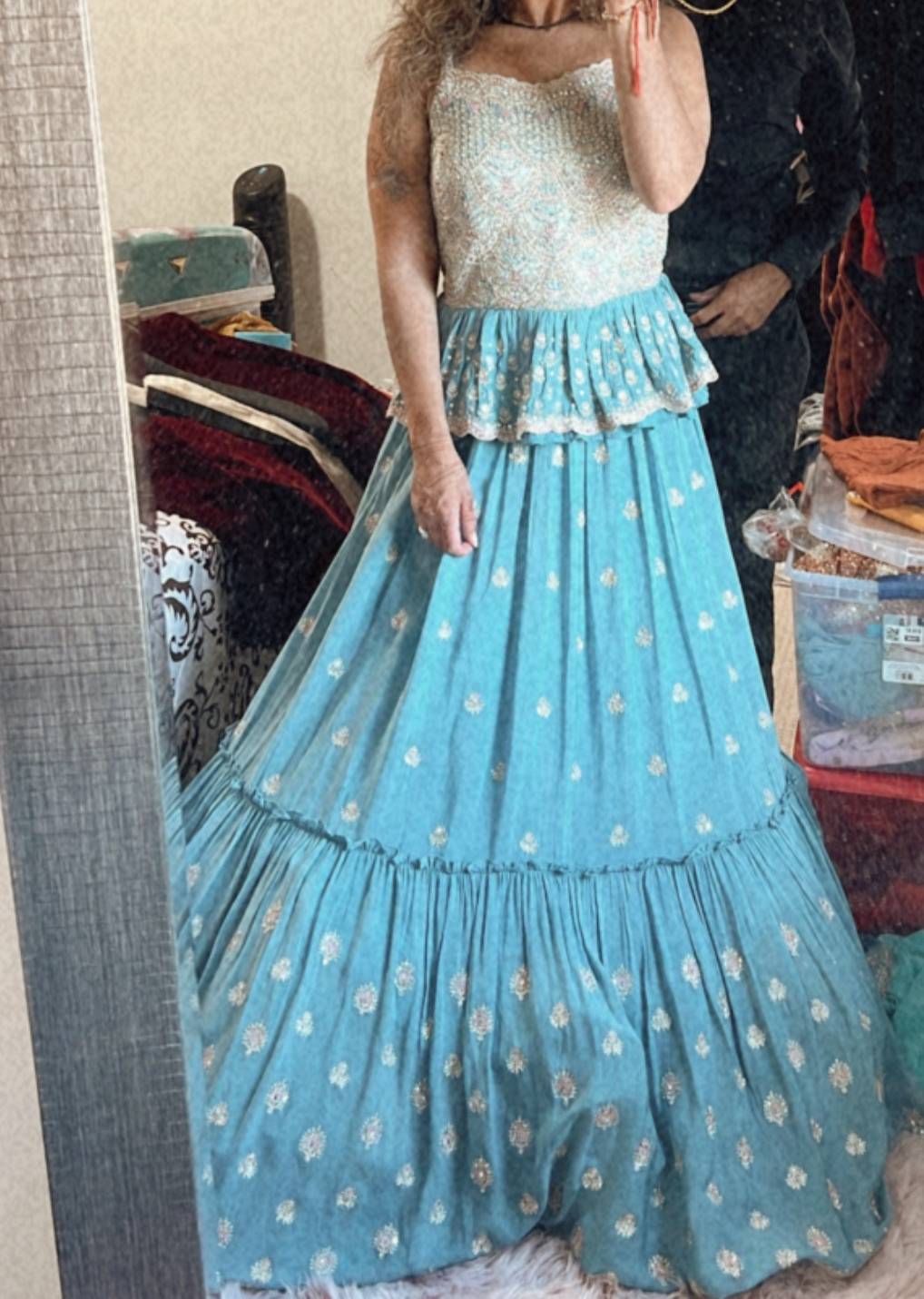 Blue and Gold Peplum Lehenga Image - 0