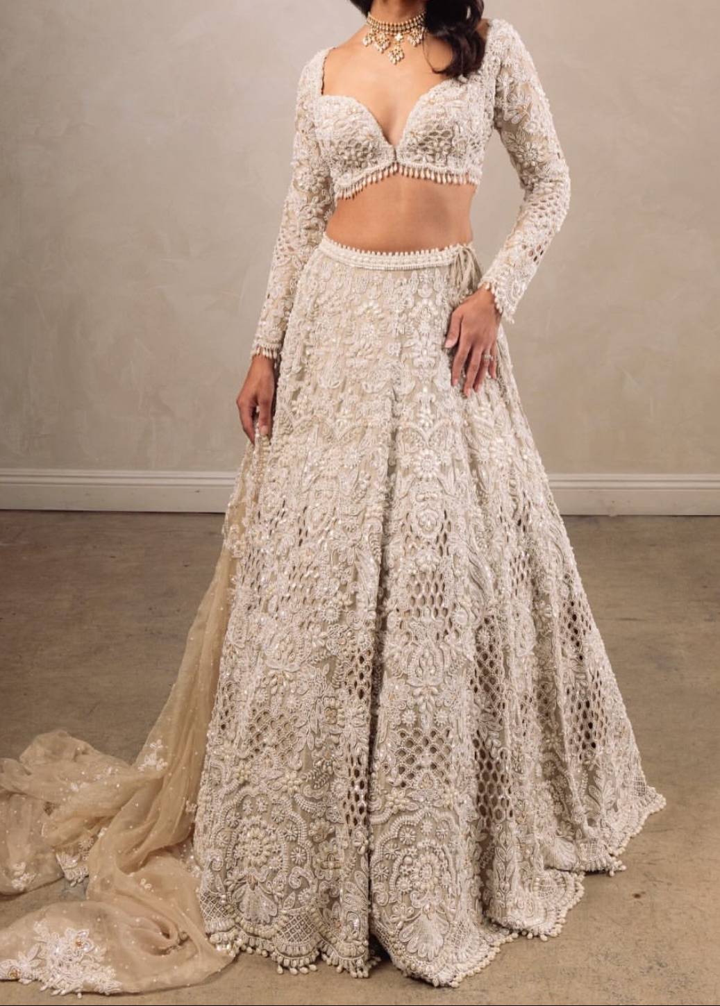 Ivory Pearl Cutwork Bridal Lehenga Image - 0