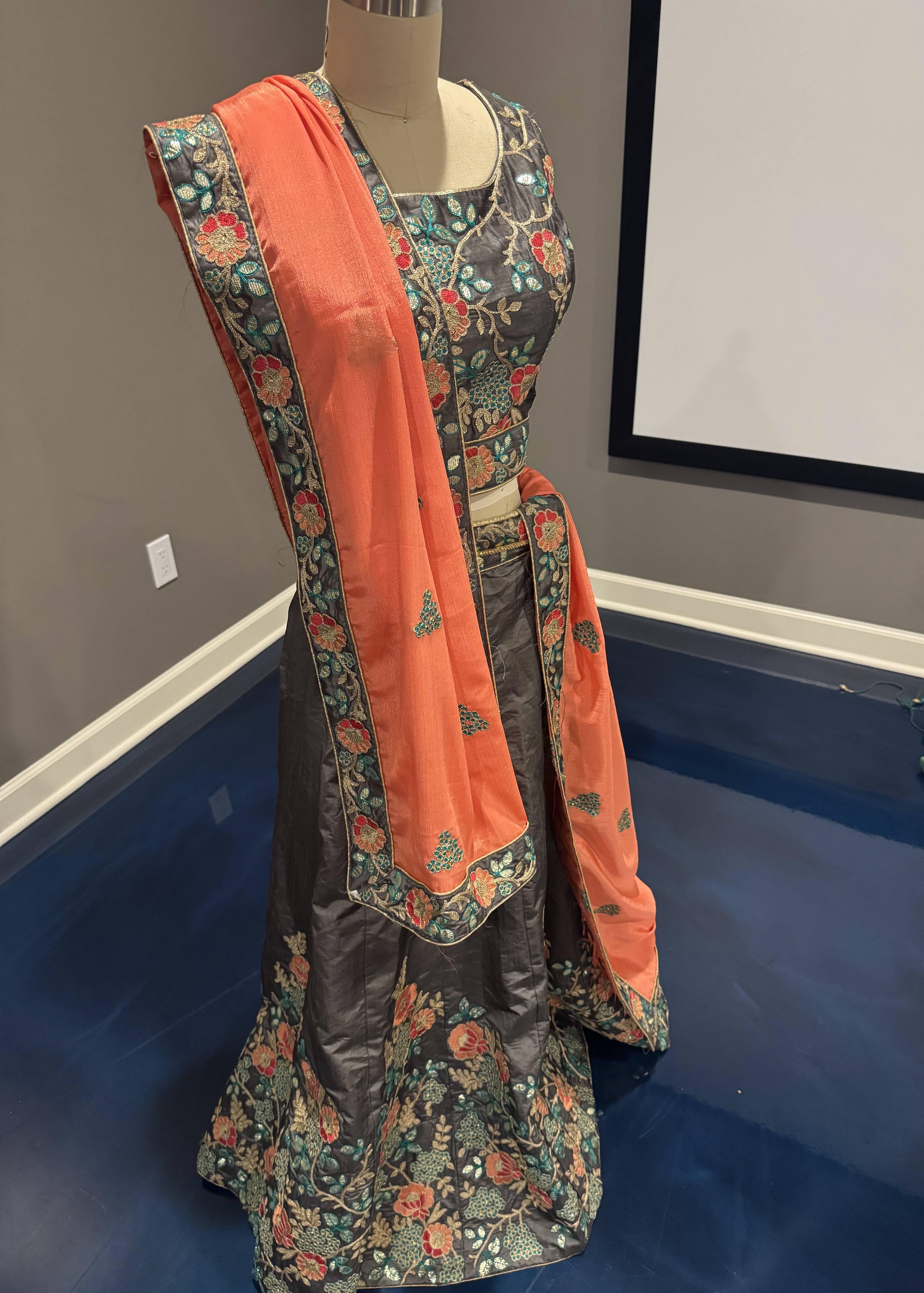 Gray Floral Embroidered Lehenga Set Image - 3