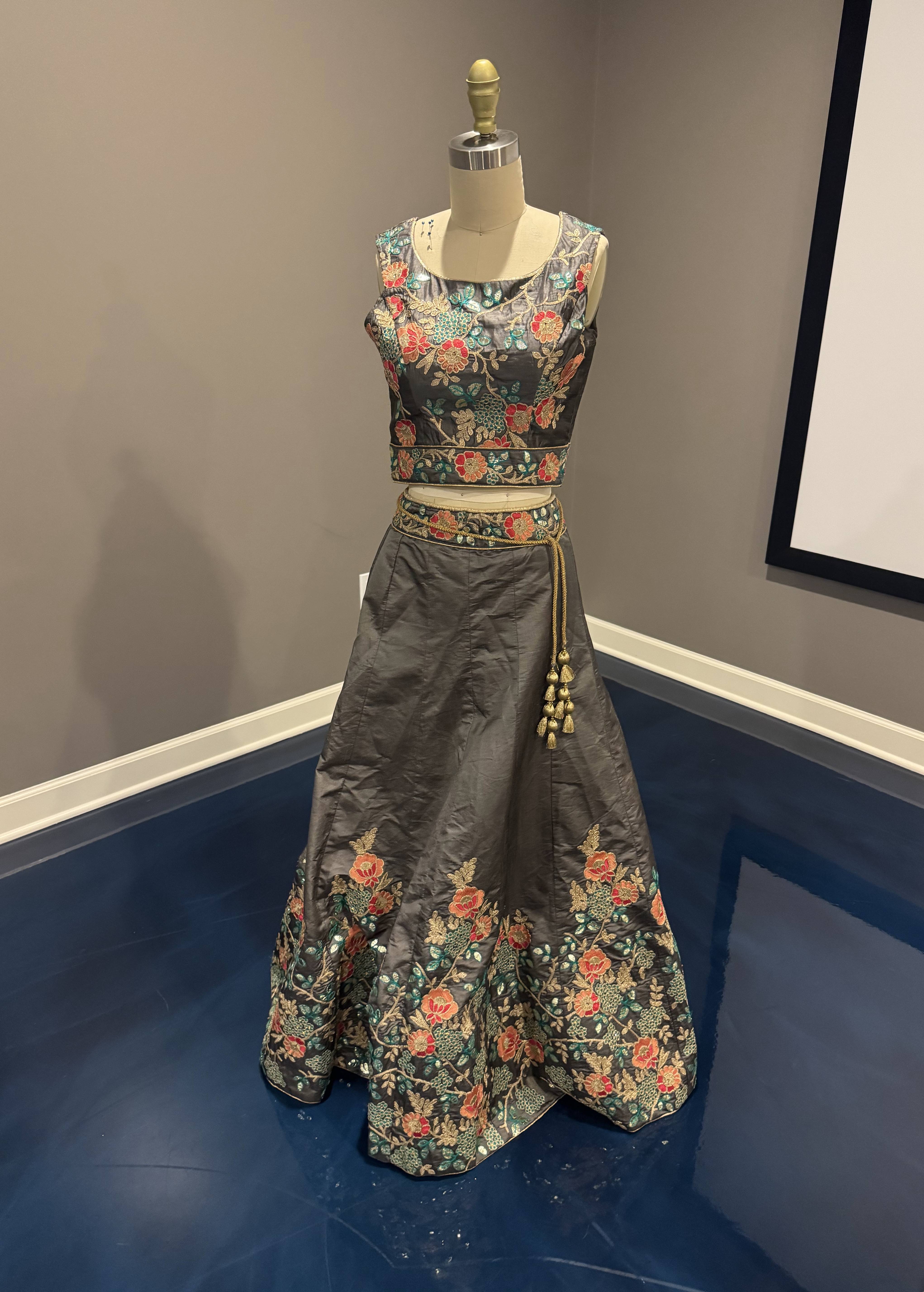 Gray Floral Embroidered Lehenga Set Image - 2