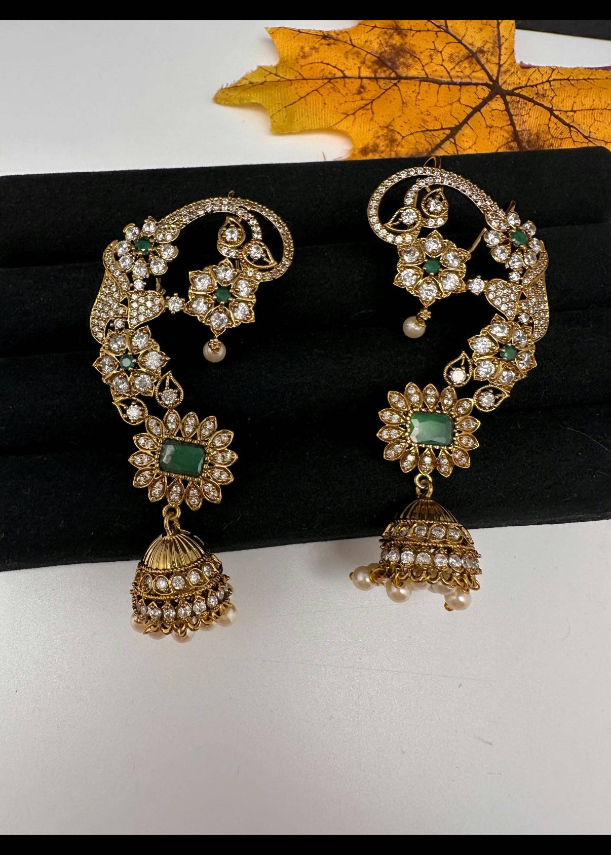 Gold and Green Jhumka Earrings Image - 0