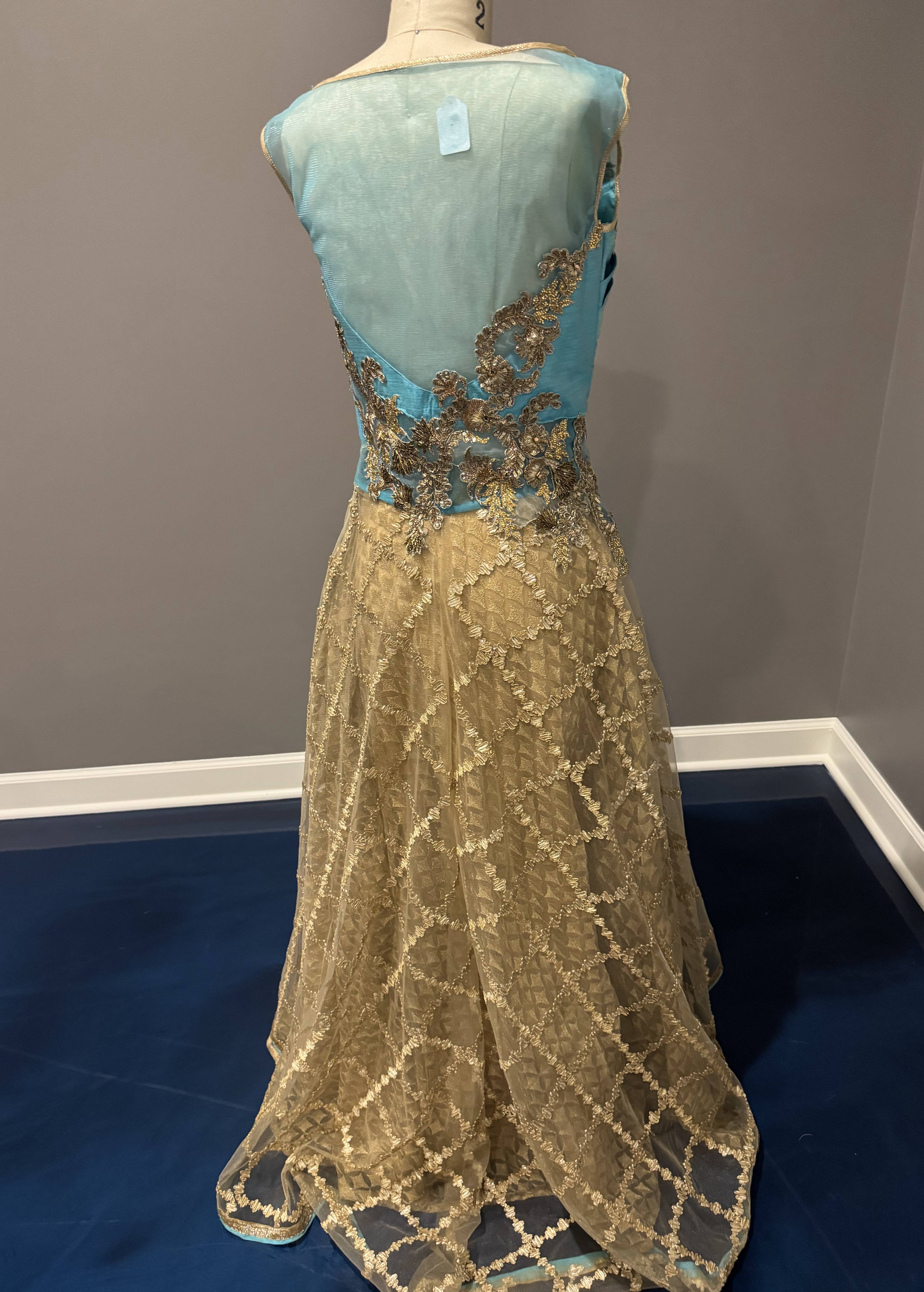 Blue and Gold Net Lehenga Image - 1