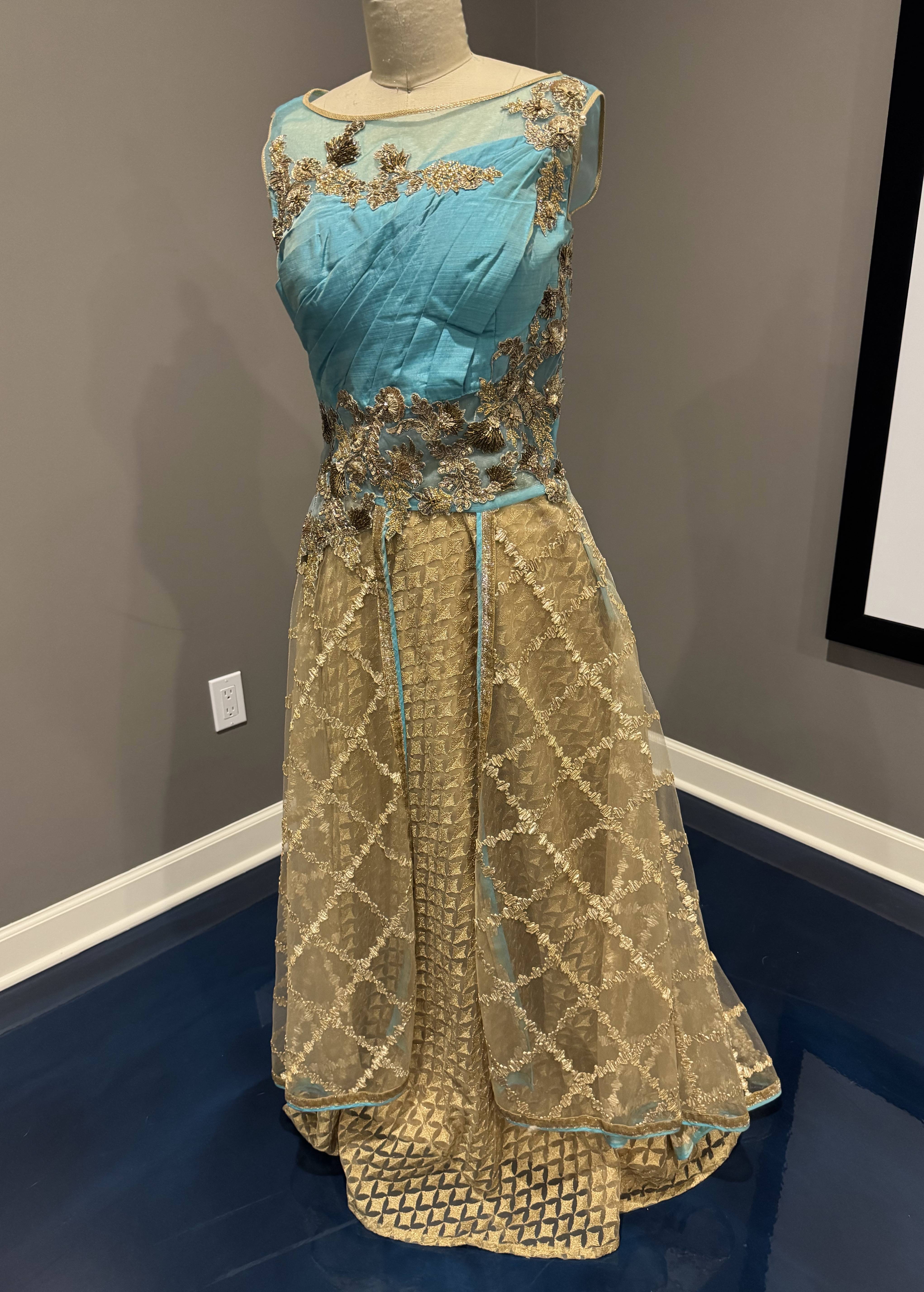Blue and Gold Net Lehenga Image - 0