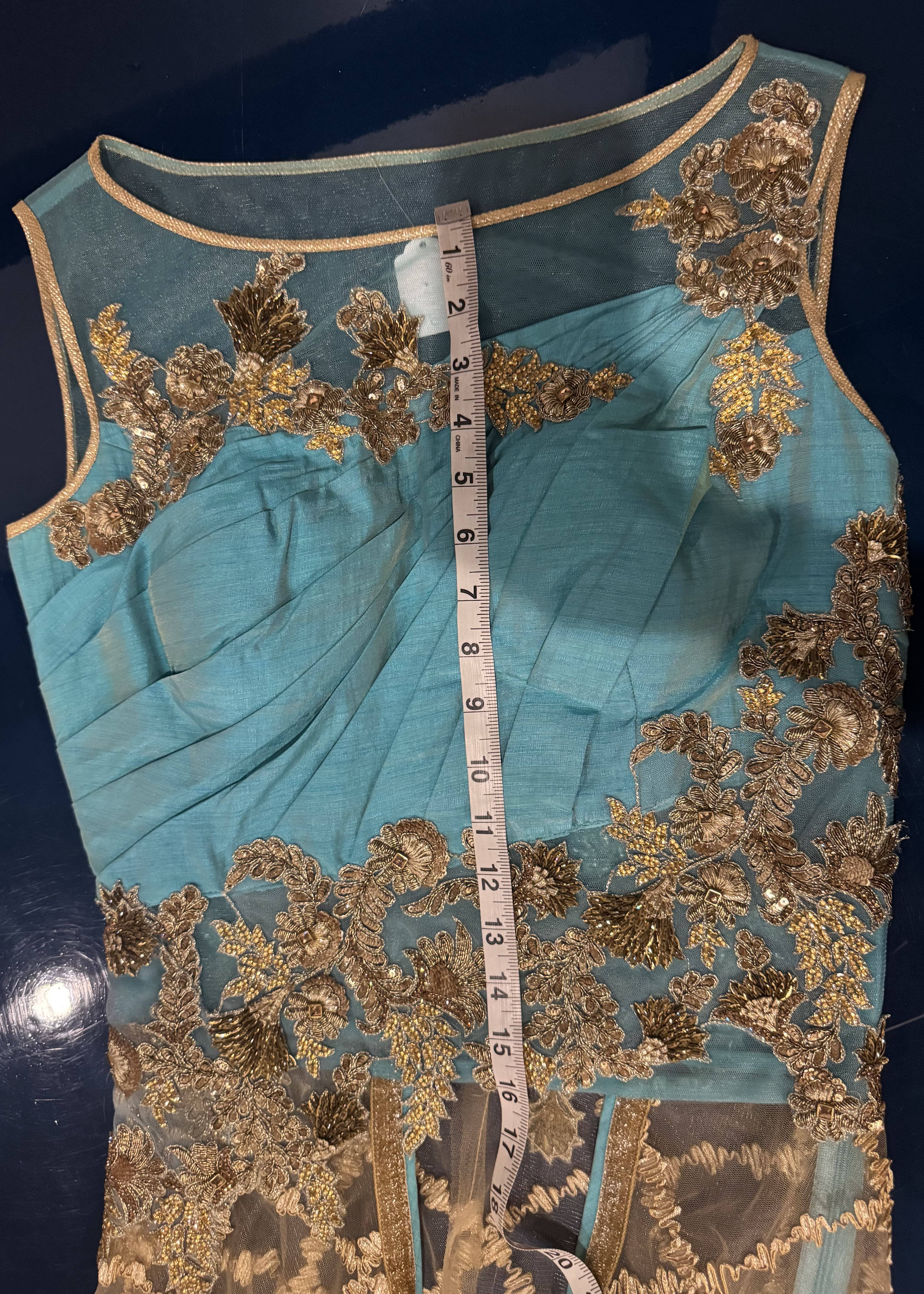 Blue and Gold Net Lehenga Image - 3