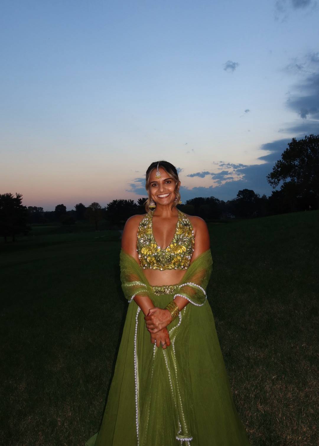 Olive Green Embellished Halter Lehenga Image - 1