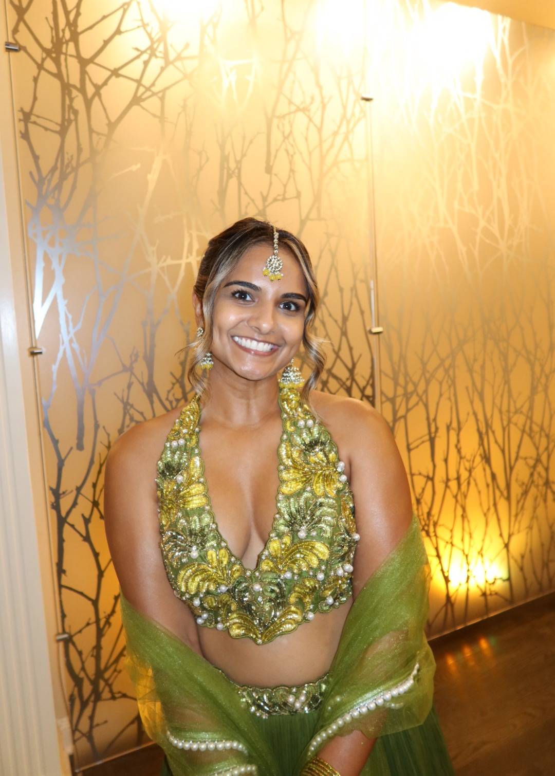 Olive Green Embellished Halter Lehenga Image - 3