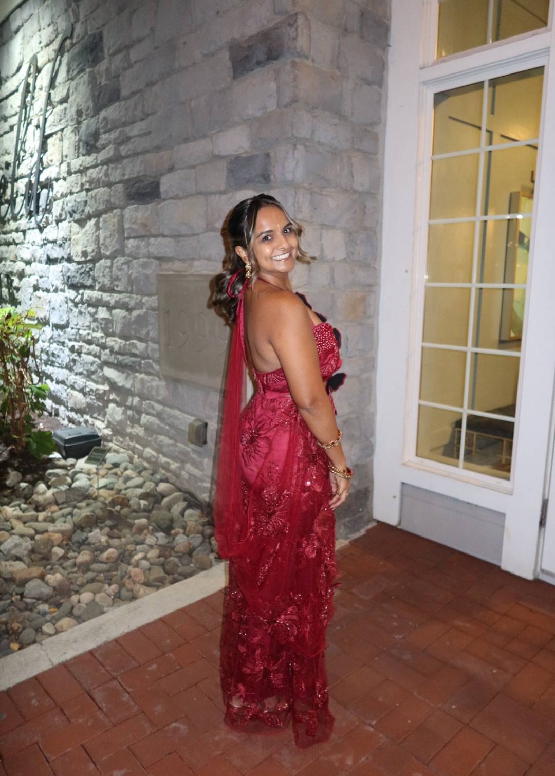 Wine Red Floral Pre-Draped Sari Image - 1