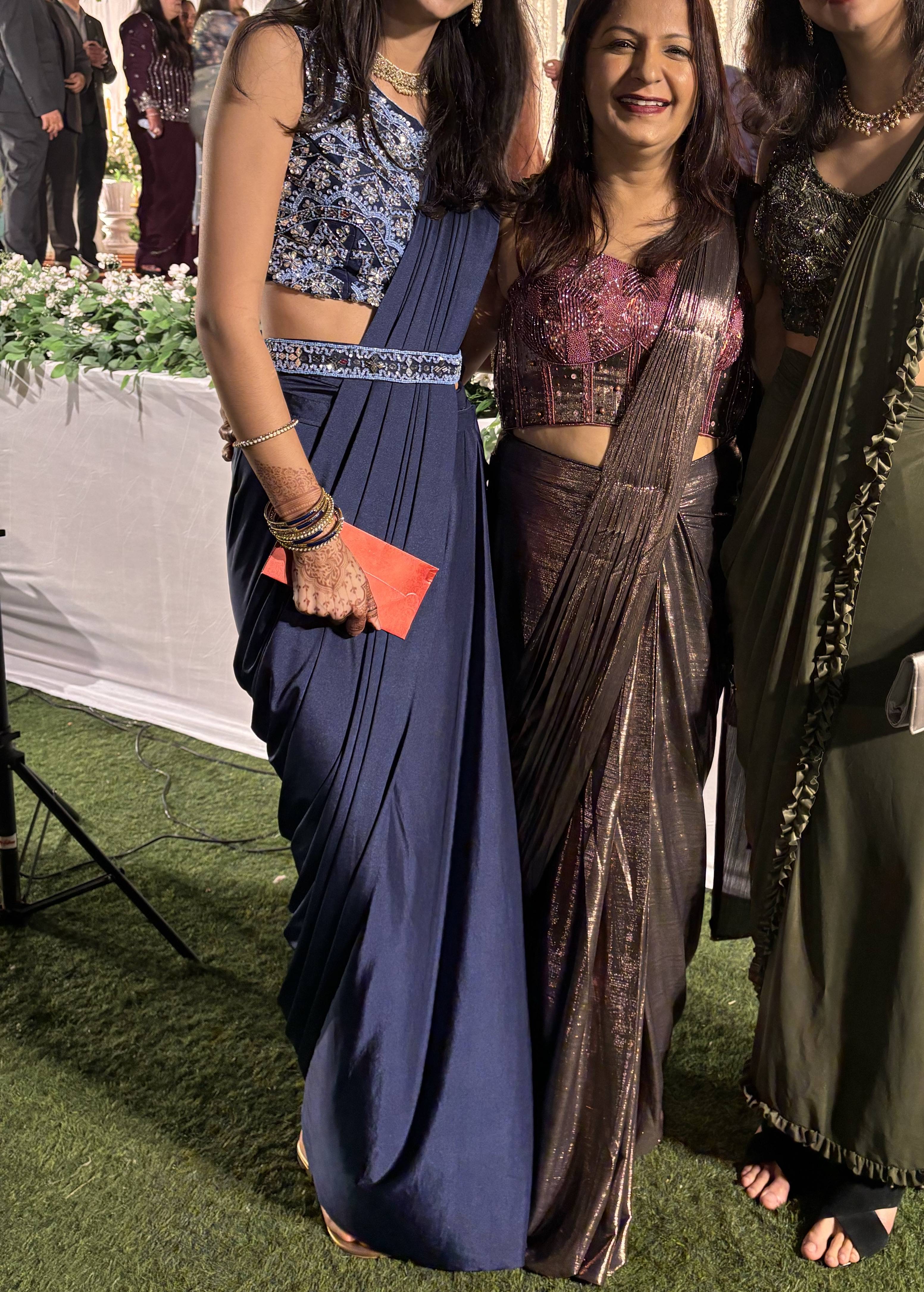 Navy Blue Pre-Draped Sari with Printed Blouse Image - 2