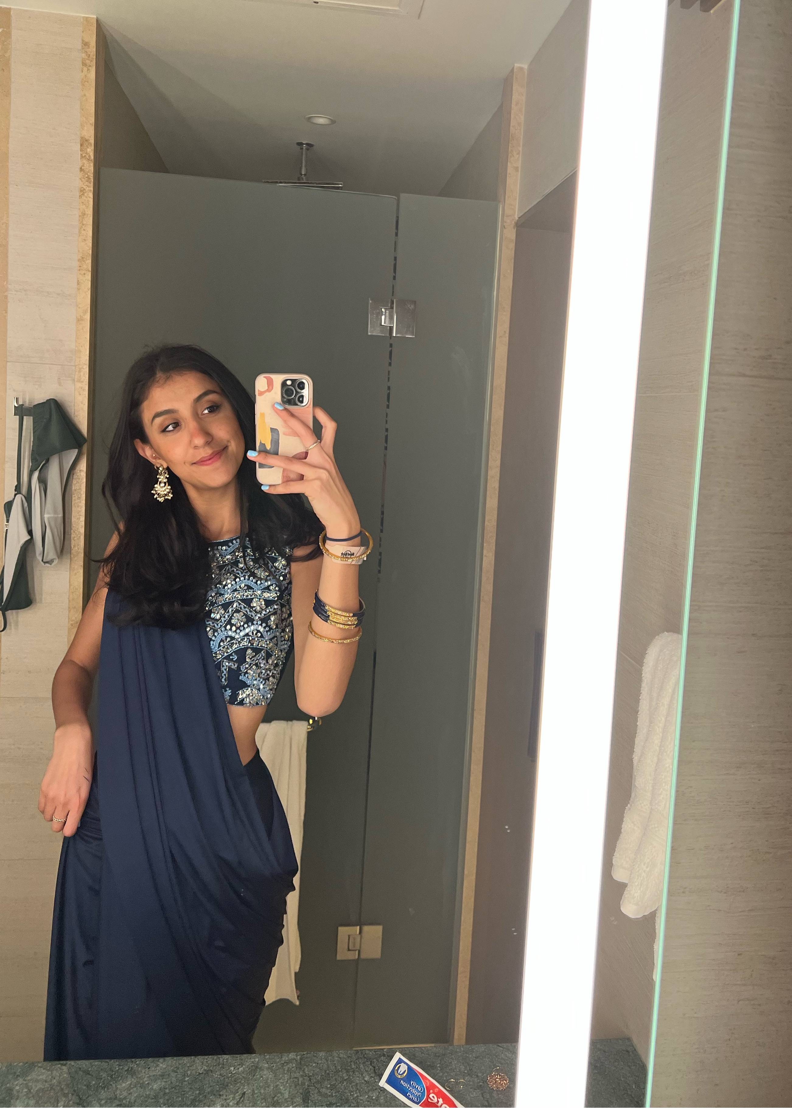 Navy Blue Pre-Draped Sari with Printed Blouse Image - 1