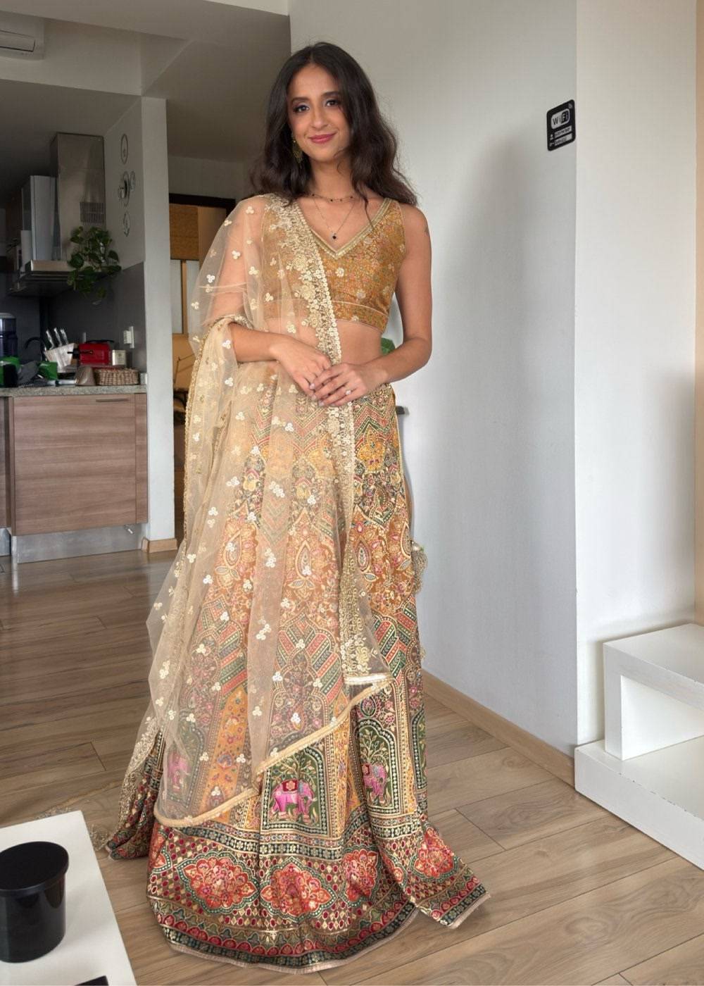 Gold and Beige Elephant Motif Lehenga Set Image - 0