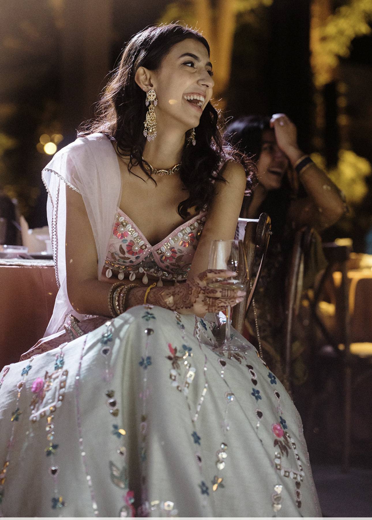 Sage Green Floral Mirror Work Lehenga Set Image - 1