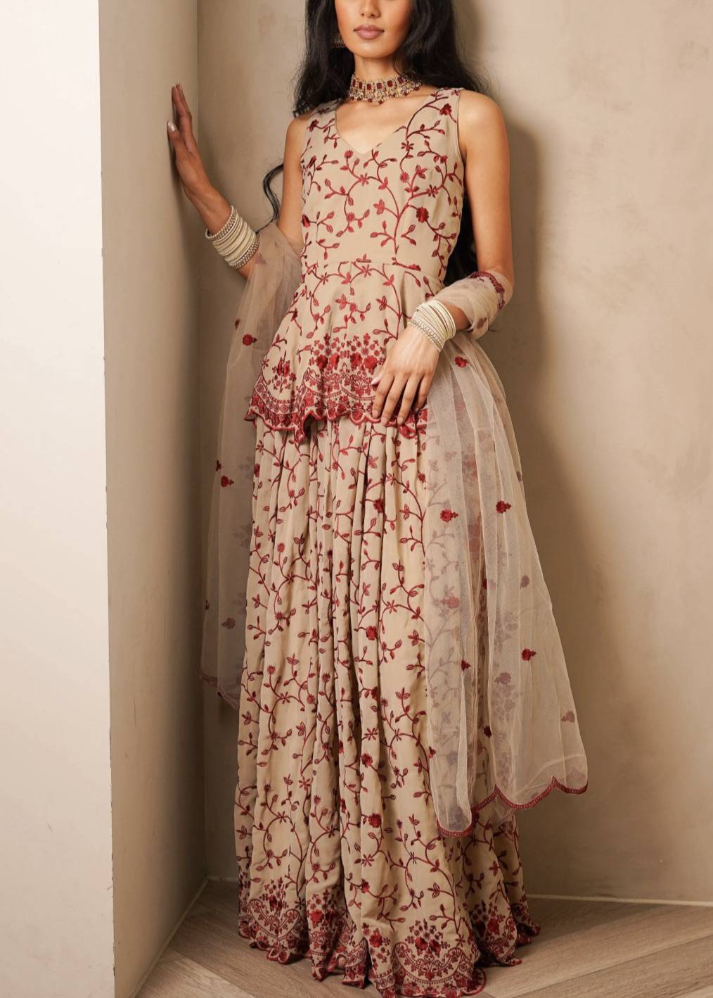Beige and Maroon Floral Embroidered Gharara Set Image - 1