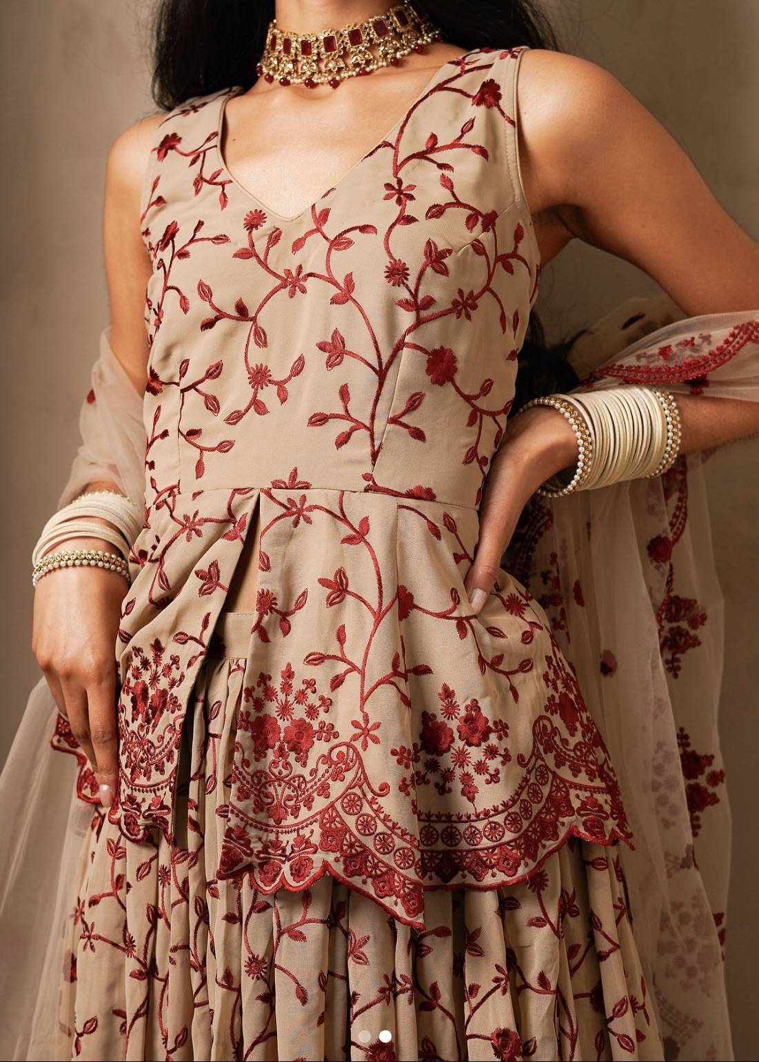 Beige and Maroon Floral Embroidered Gharara Set Image - 2