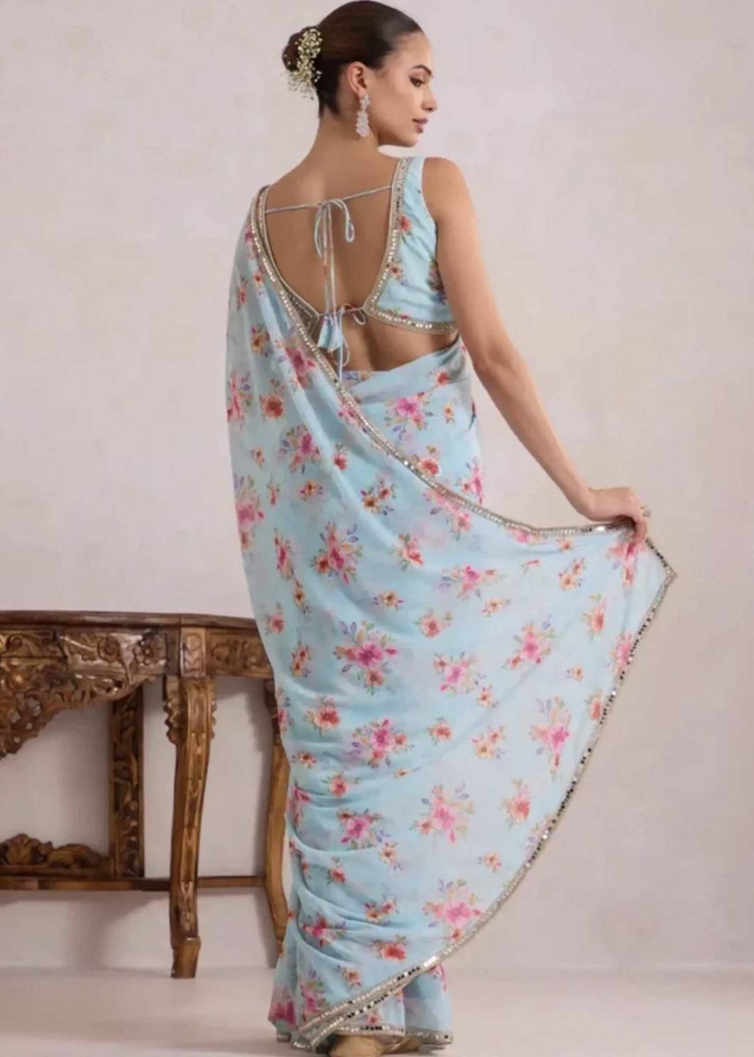 Powder Blue Floral Print Sari Image - 2