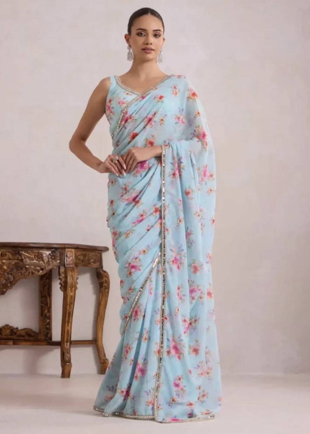 Powder Blue Floral Print Sari Image - 0