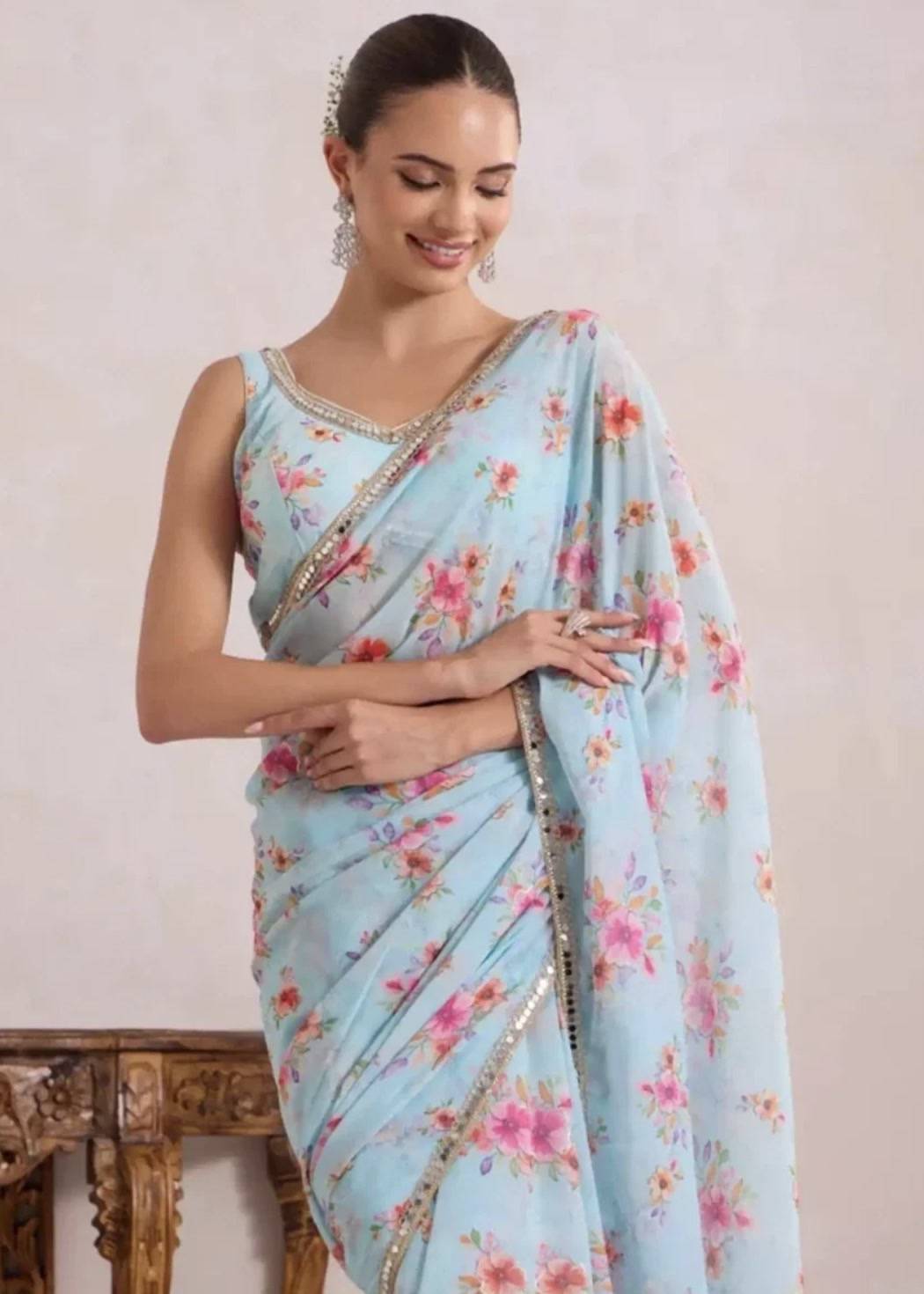 Powder Blue Floral Print Sari Image - 1