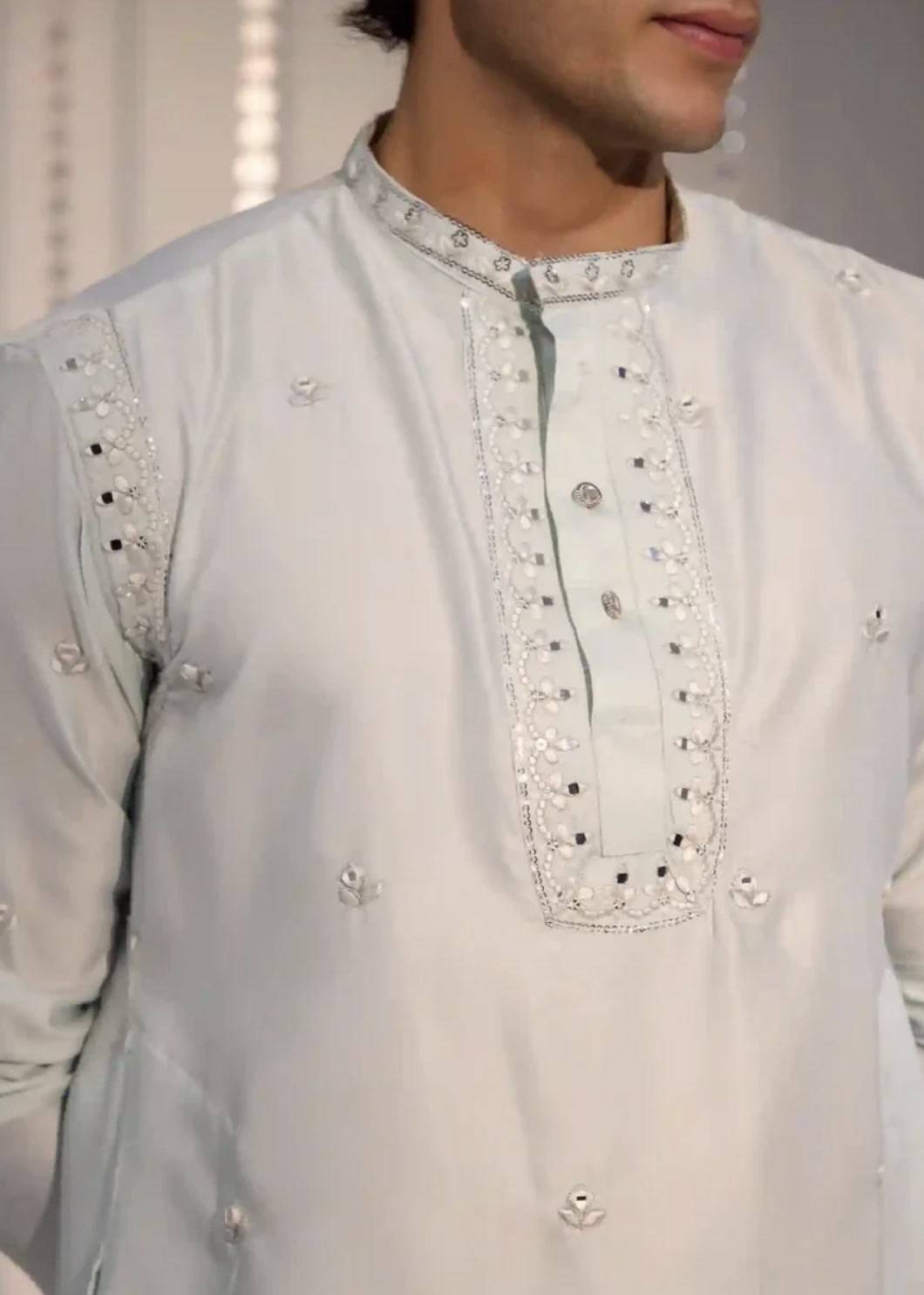 Mint Blue Mirror Work Kurta Set Image - 2