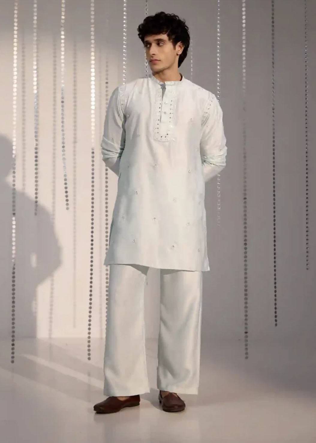 Mint Blue Mirror Work Kurta Set Image - 0