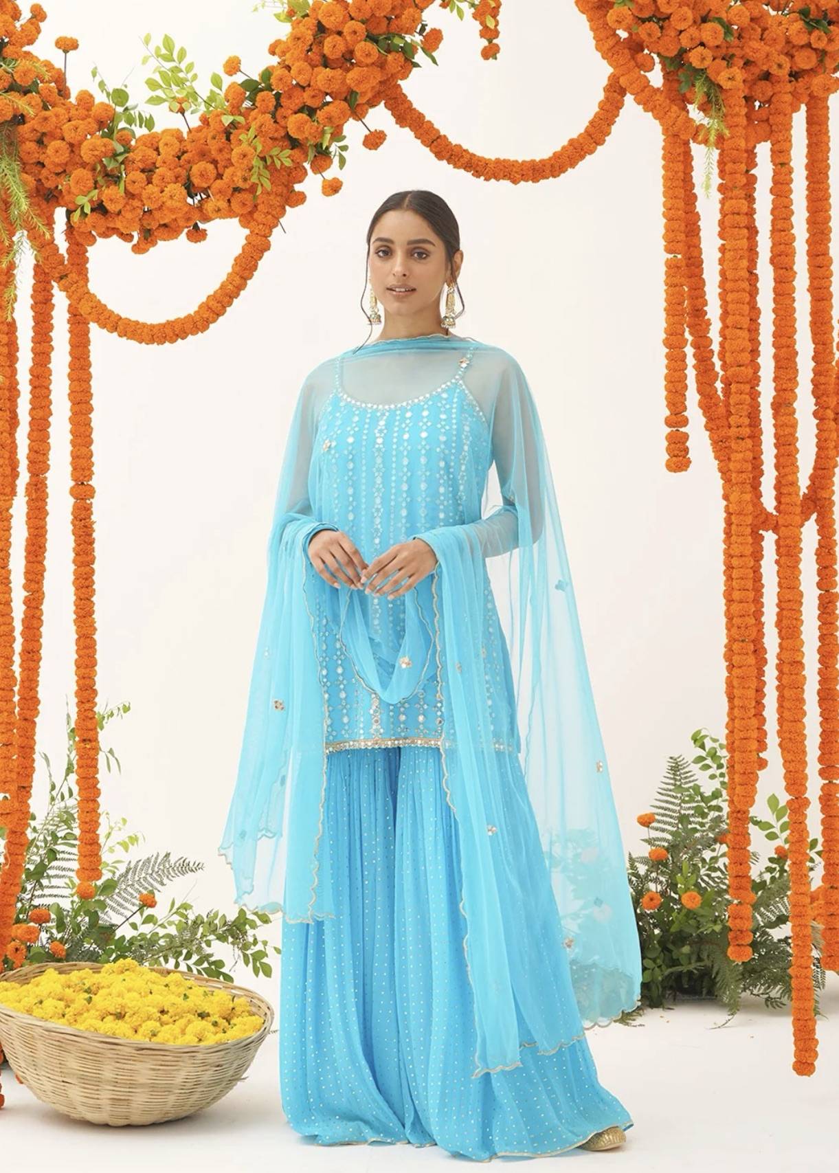 Sky Blue Mirror Work Sharara Set Image - 1