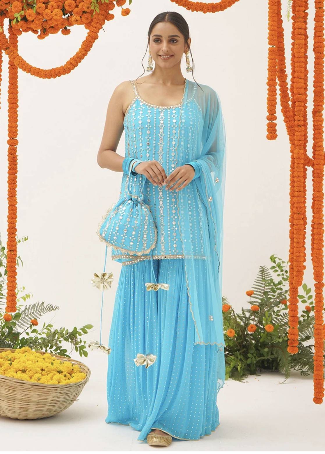 Sky Blue Mirror Work Sharara Set Image - 0