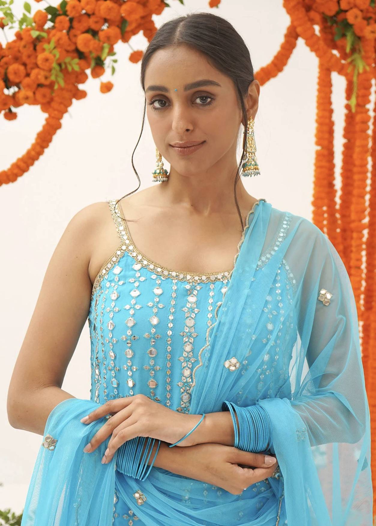 Sky Blue Mirror Work Sharara Set Image - 2