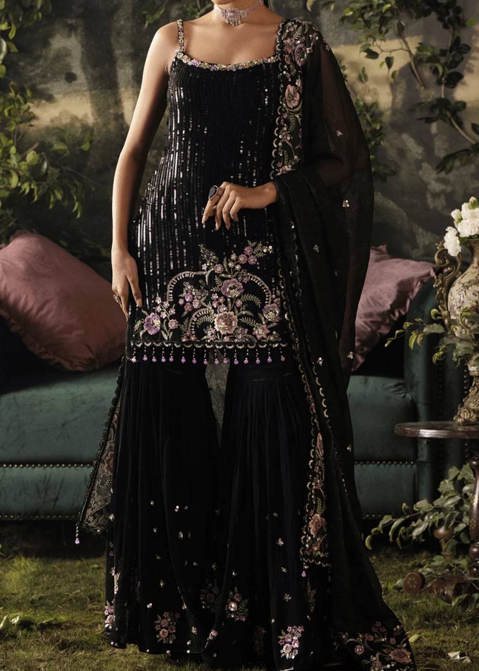 Black Embroidered Gharara Image - 0