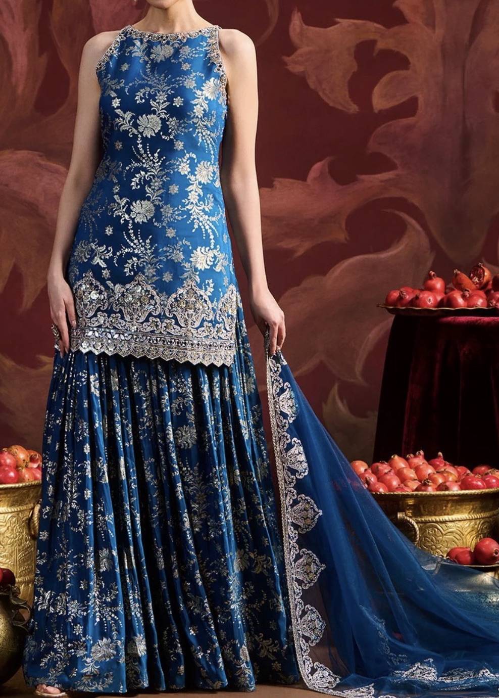 Teal Blue Embroidered Sharara Image - 0