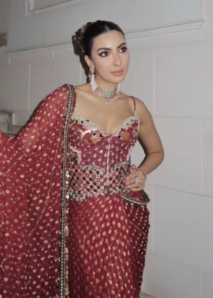 Maroon Bandhani Sequin Sari Image - 6