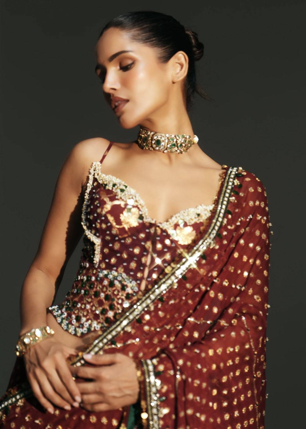 Maroon Bandhani Sequin Sari Image - 5