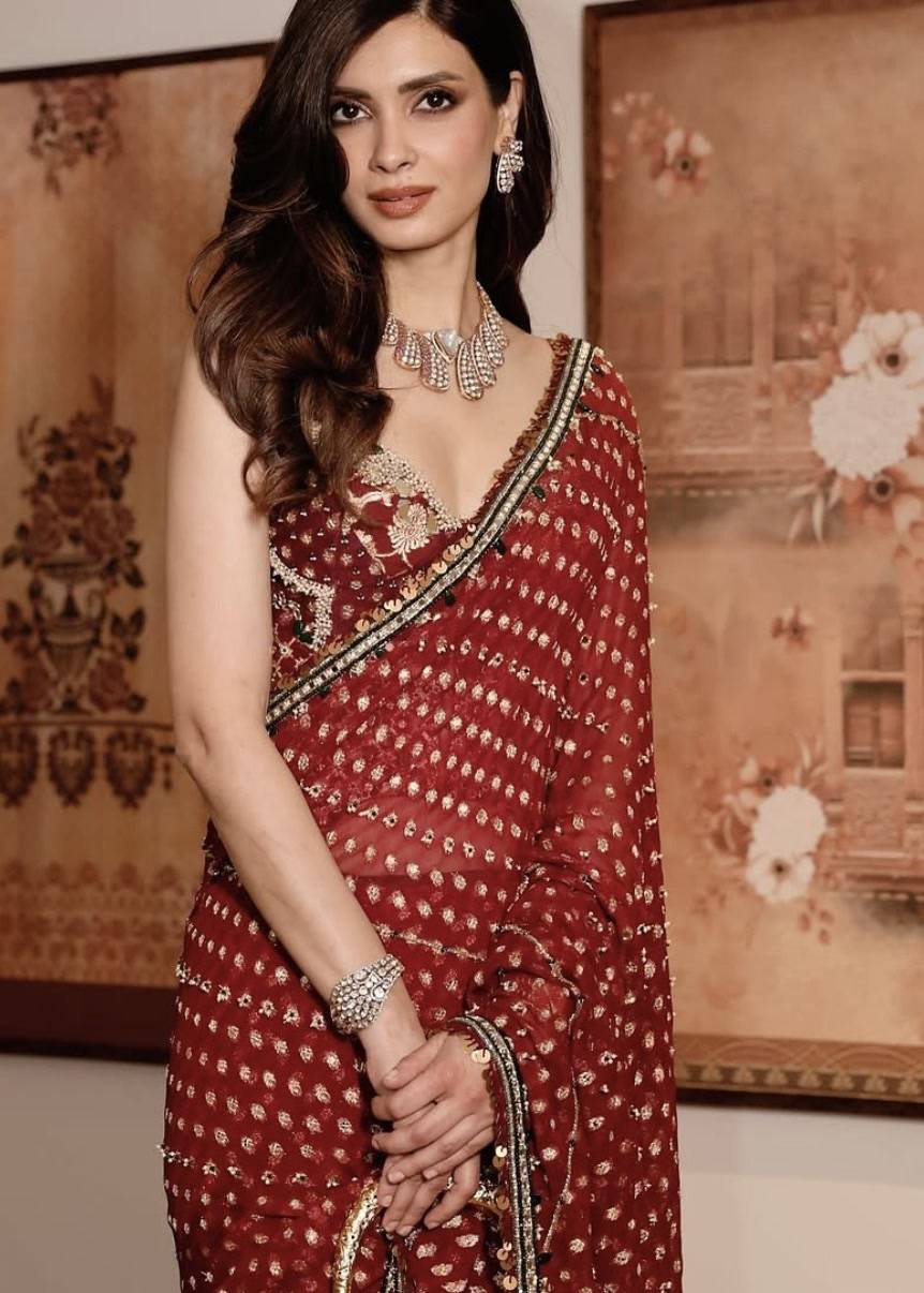 Maroon Bandhani Sequin Sari Image - 8