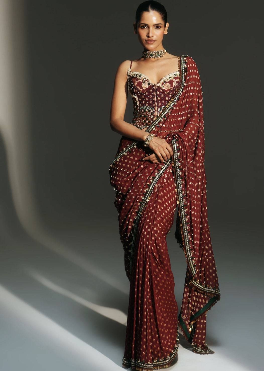Maroon Bandhani Sequin Sari Image - 0