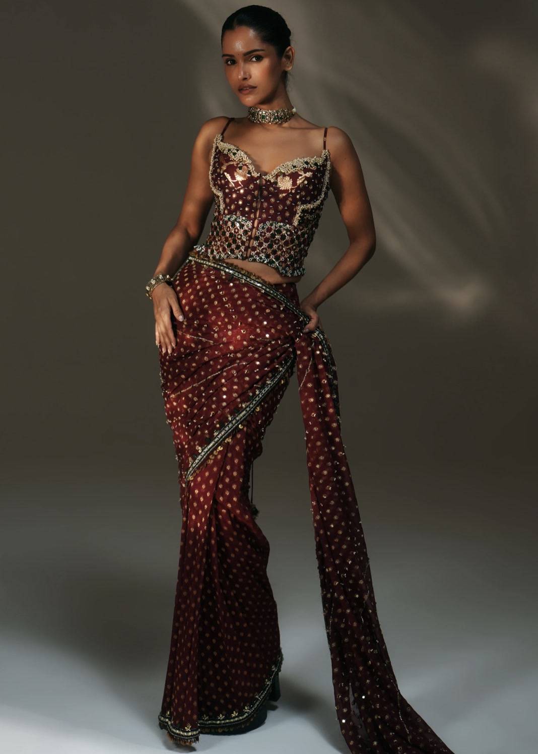 Maroon Bandhani Sequin Sari Image - 4