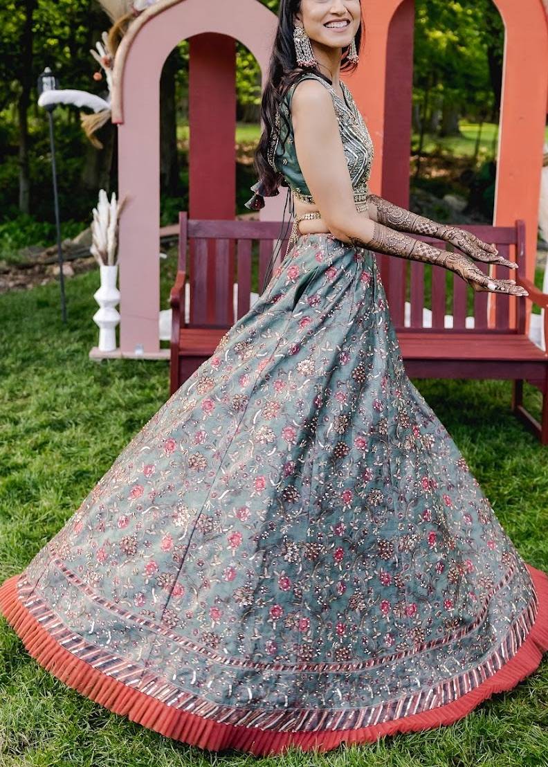 Sage Green Floral Embroidered Lehenga Image - 1