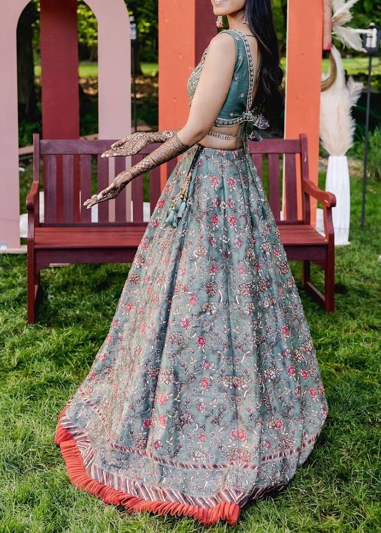 Sage Green Floral Embroidered Lehenga Image - 3