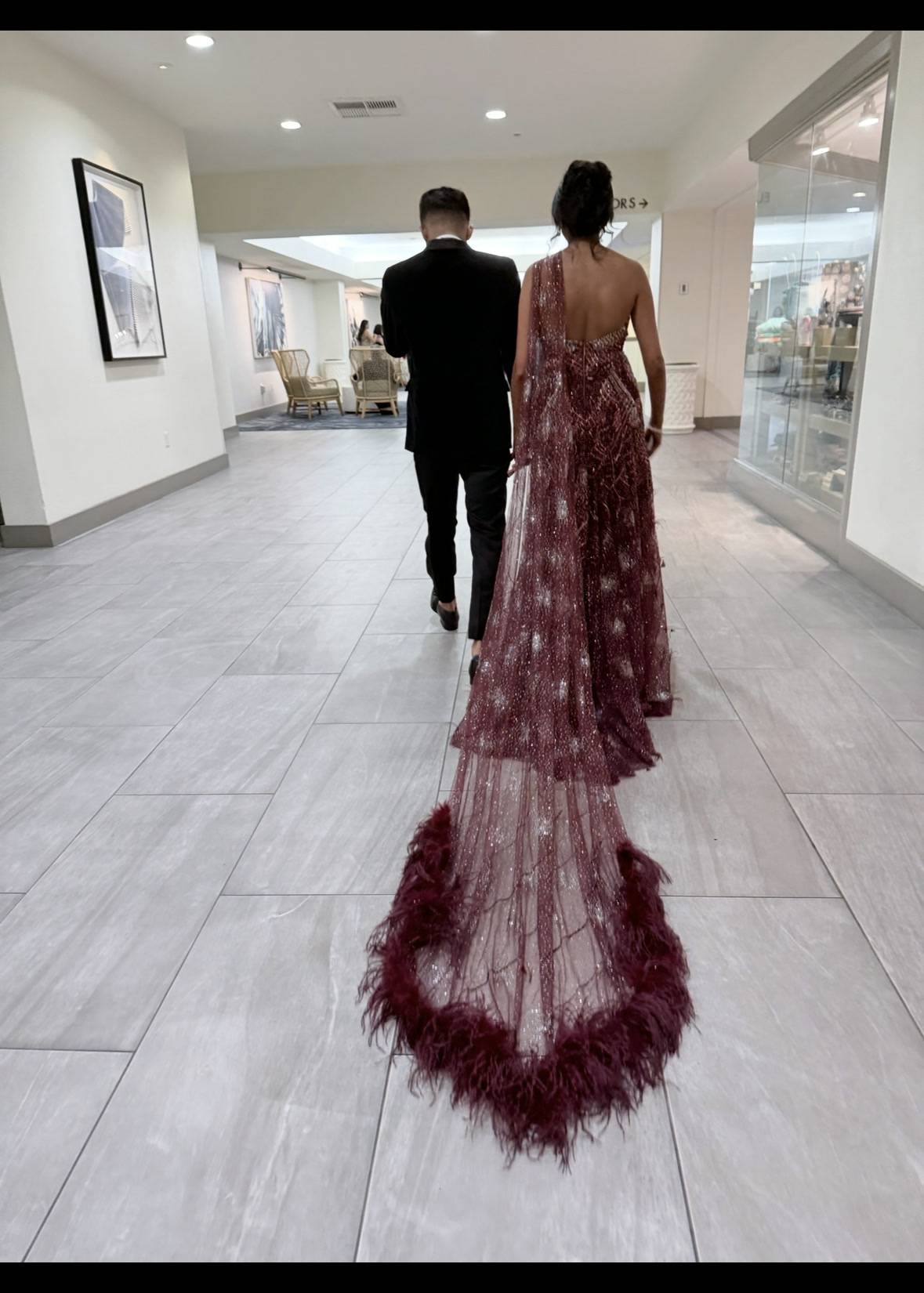 Maroon Beaded Feather Trim Gown Image - 4