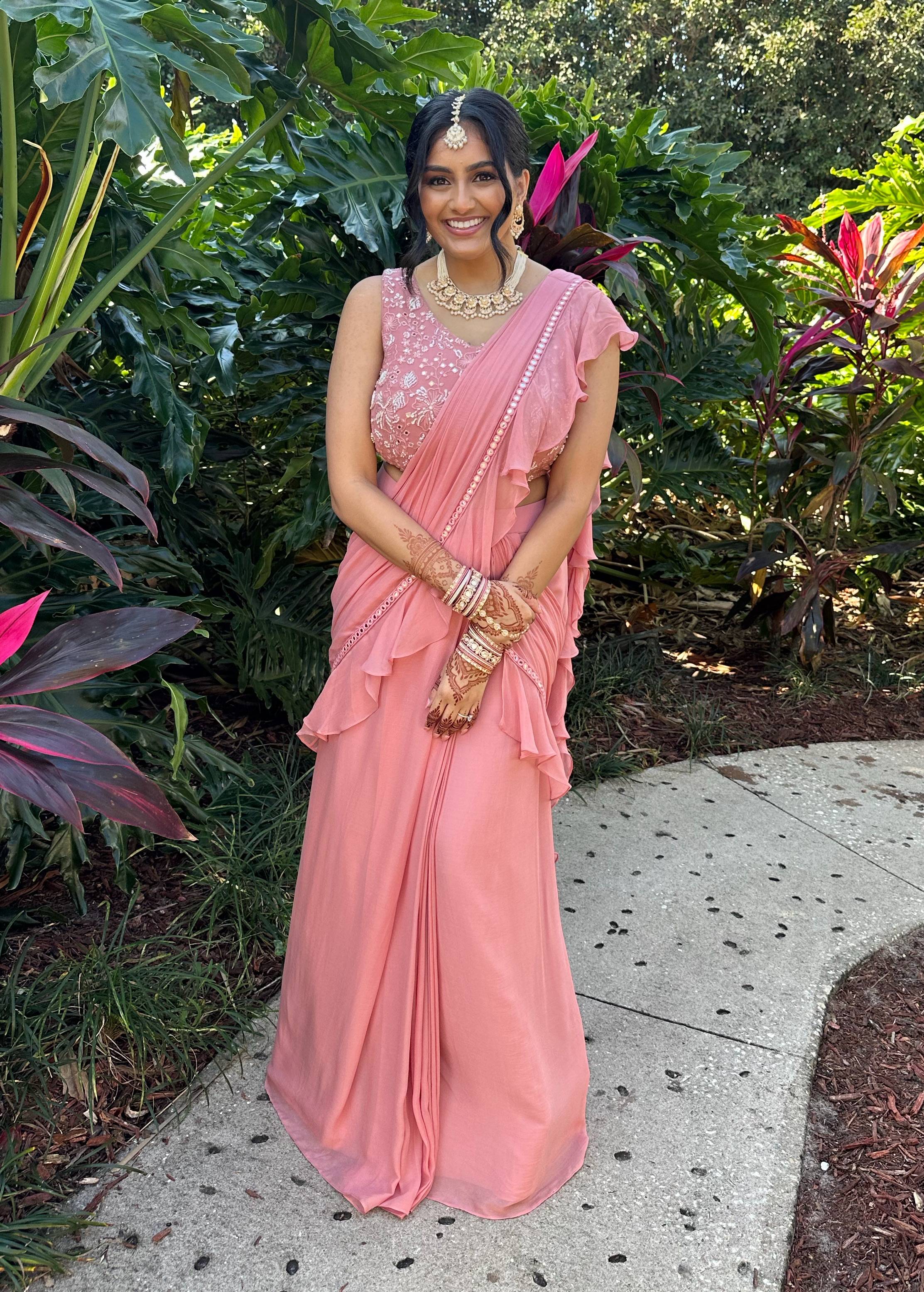 Pink Ruffled Pre-Draped Sari Image - 0