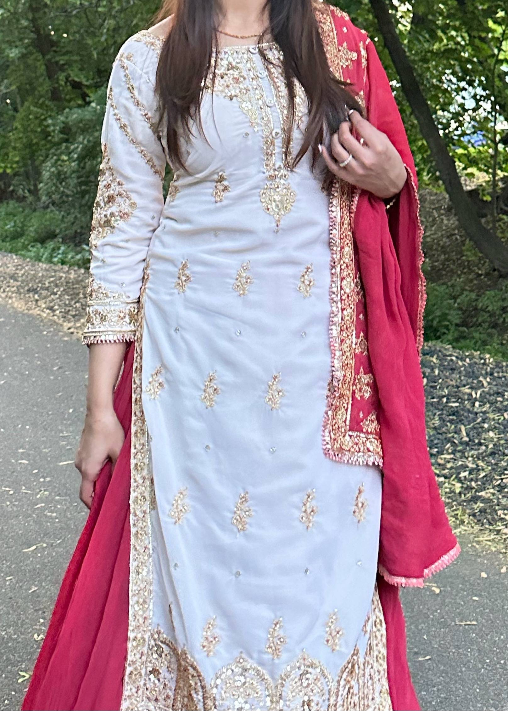 Cream and Red Embroidered Lehenga Image - 4