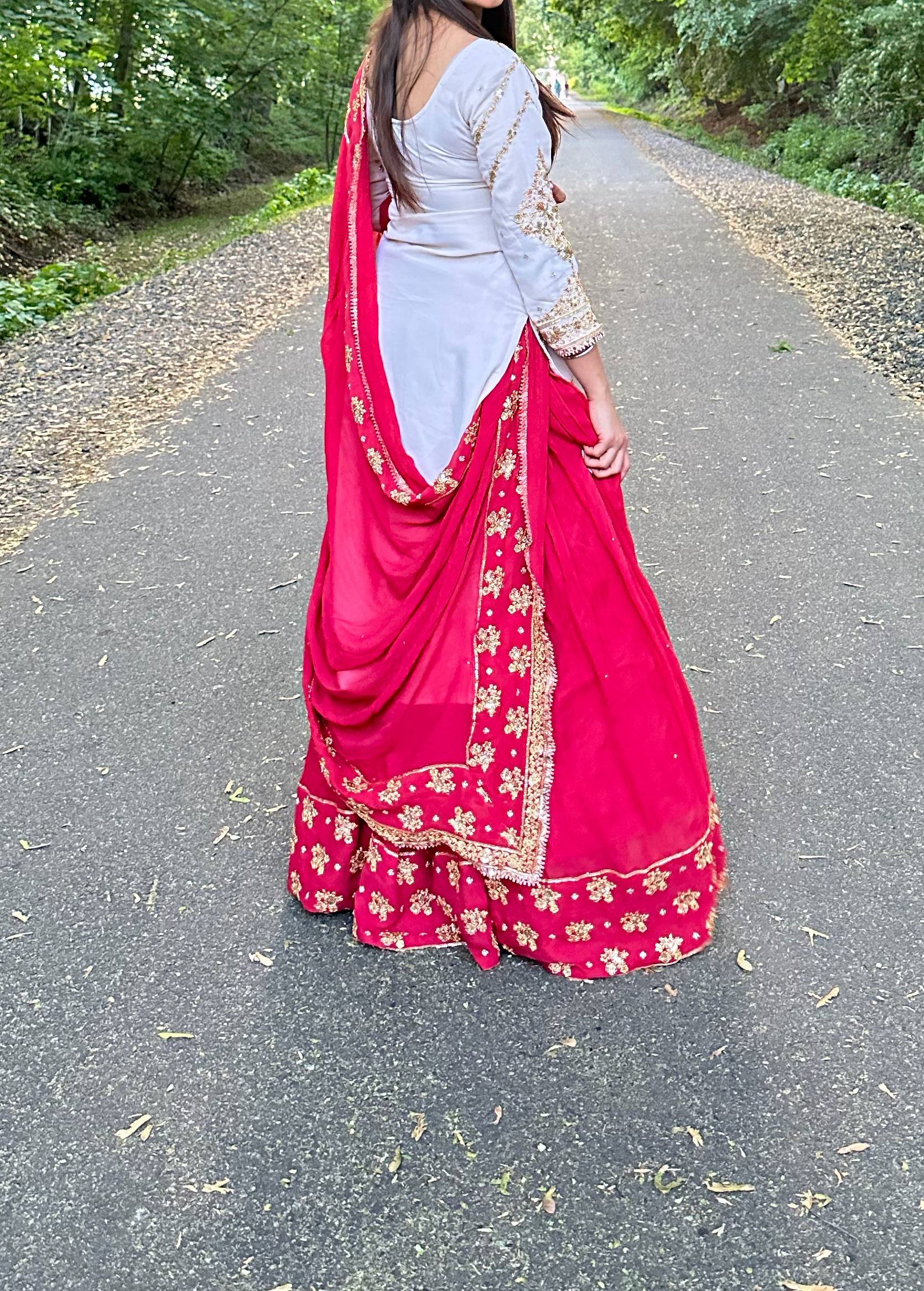 Cream and Red Embroidered Lehenga Image - 3