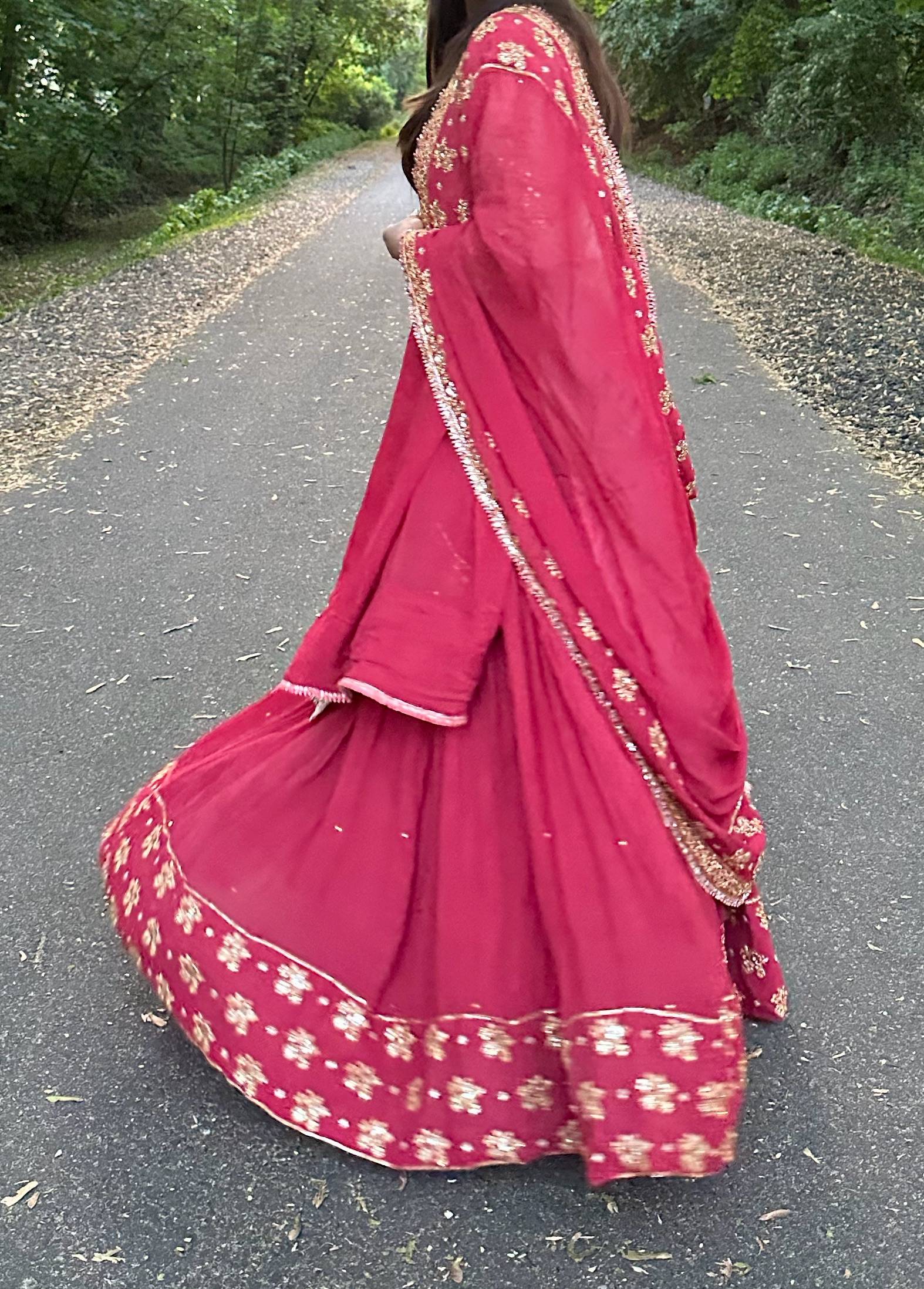Cream and Red Embroidered Lehenga Image - 2