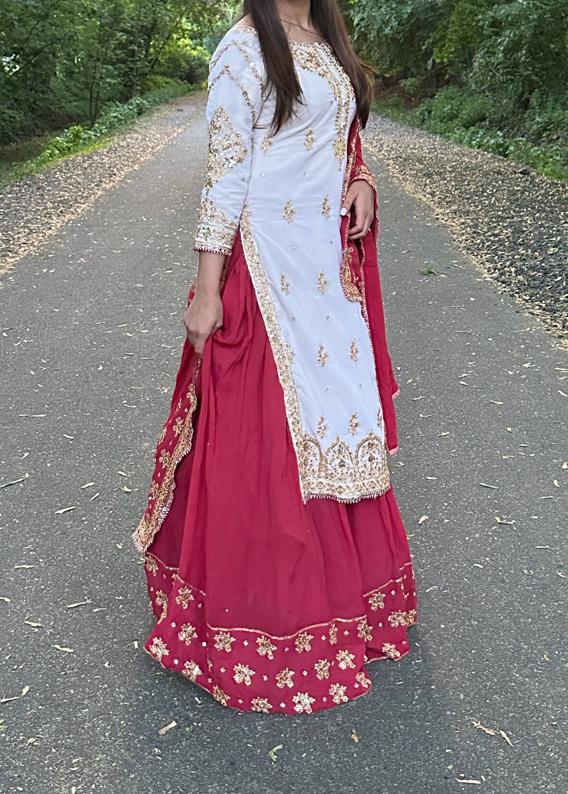 Cream and Red Embroidered Lehenga Image - 0