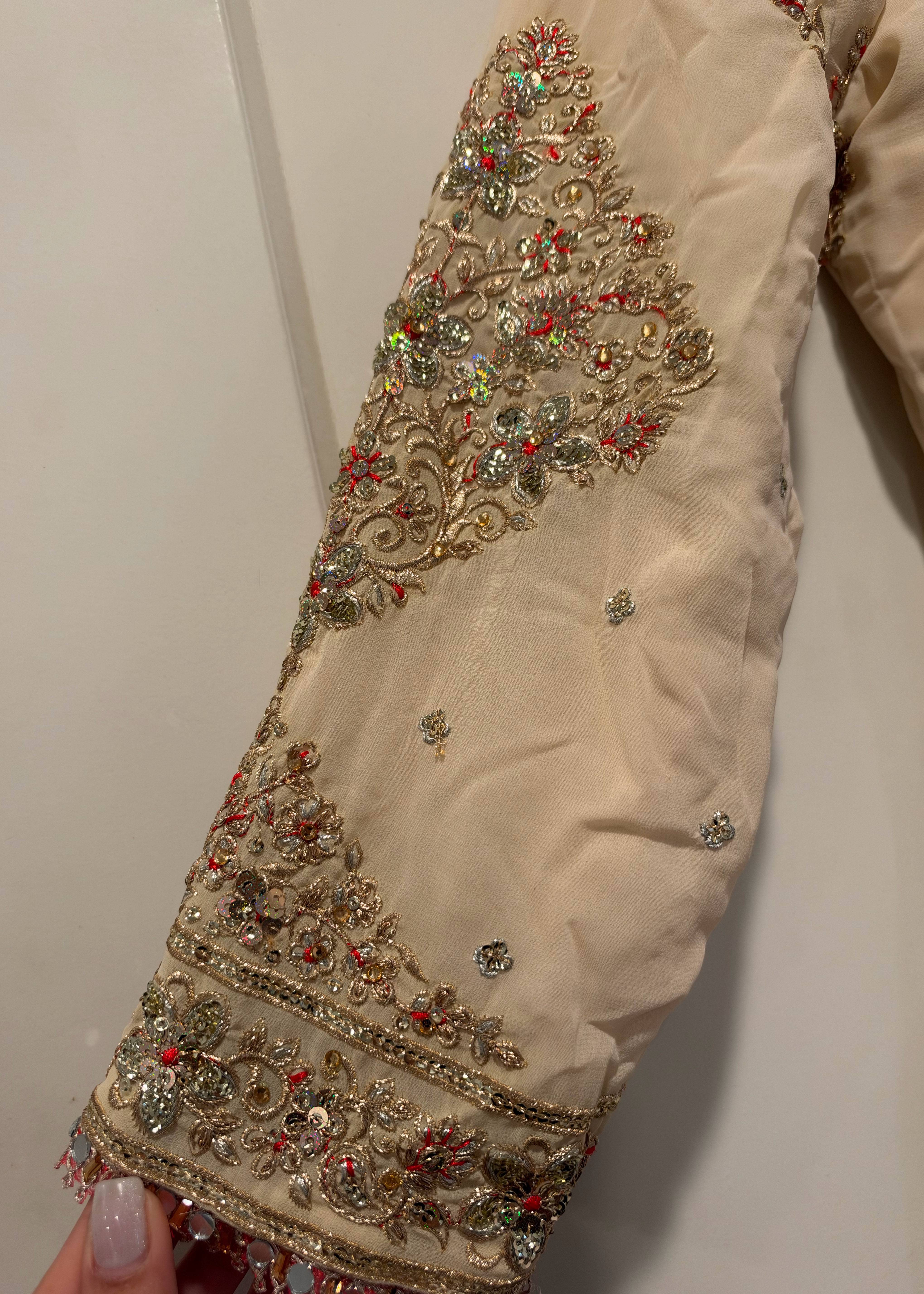 Cream and Red Embroidered Lehenga Image - 7