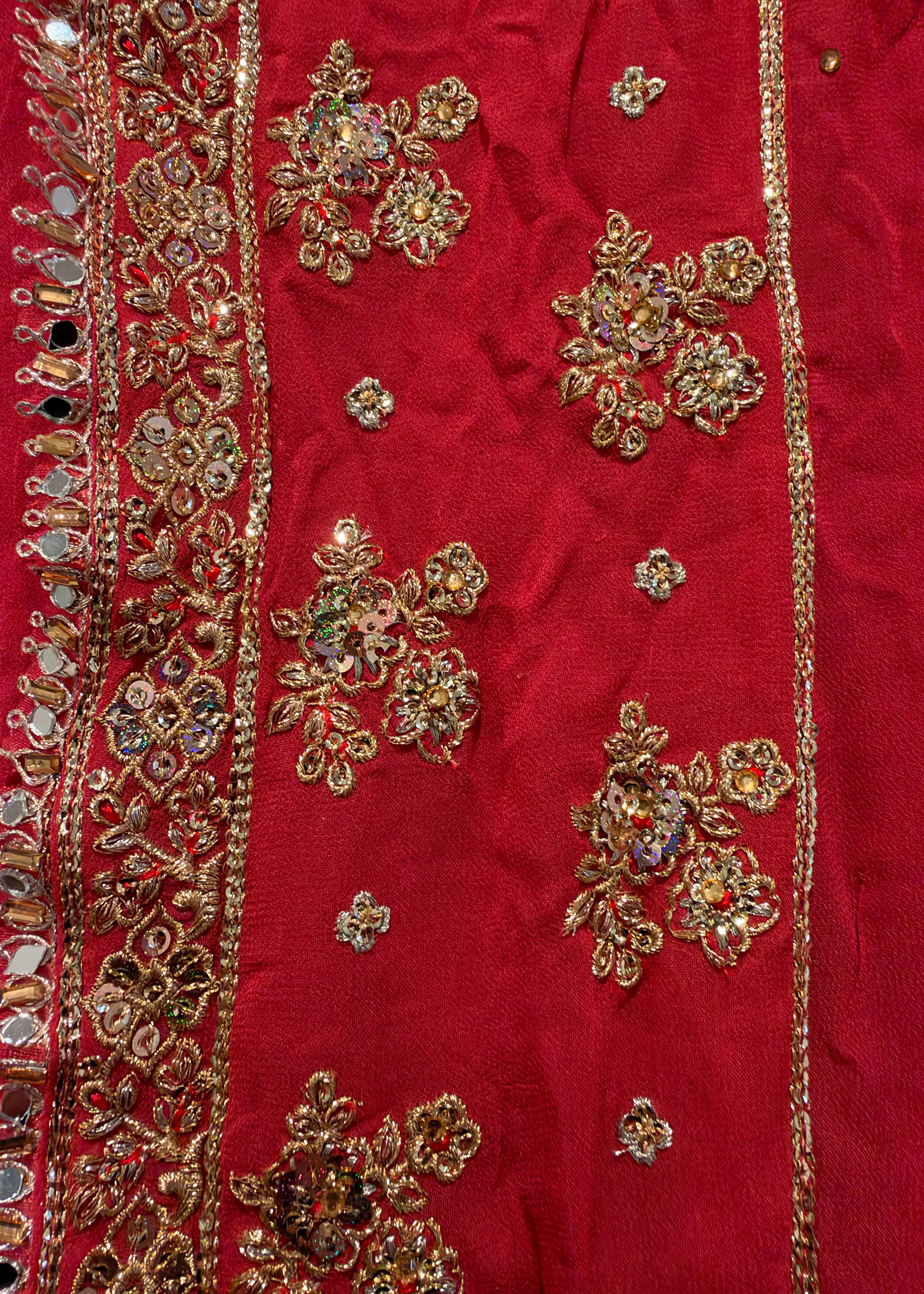 Cream and Red Embroidered Lehenga Image - 6